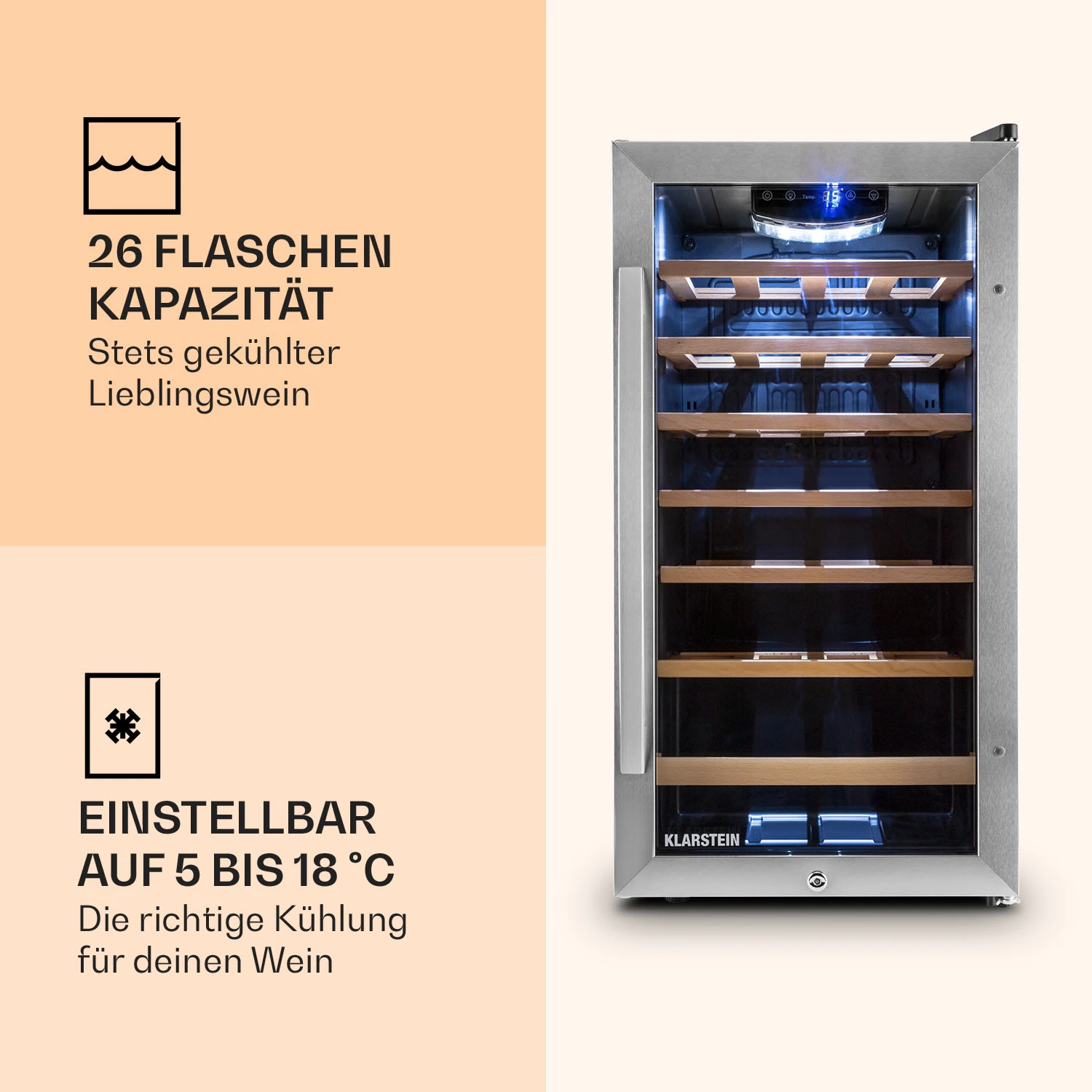Vinamour 26 Uno Weinkühlschrank 26 Flaschen 88 Liter Edelstahl LED Vinamour 26 Uno Weinkühlschrank 26 Flaschen 88 Liter Edelstahl LED -Klarstein Verkaufs 10028491 de 0003 logo