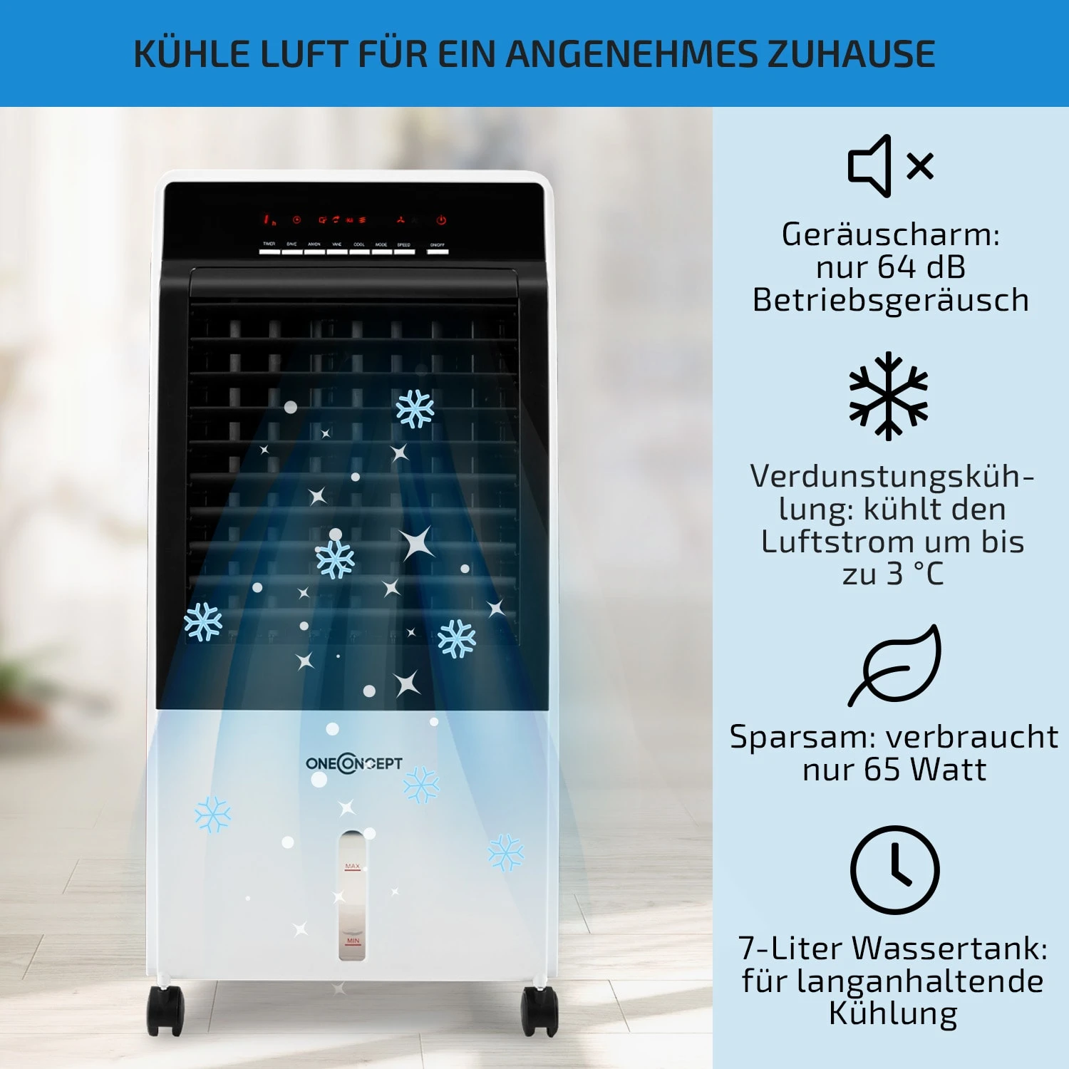 CTR-1 4-in-1 Luftkühler 360 m³/h 65W 7Ltr 3 Stufen Fernbedienung mobil CTR-1 4-in-1 Luftkühler 360 M³/h 65W 7Ltr 3 Stufen Fernbedienung Mobil -Klarstein Verkaufs 10029740 de 0002 usp