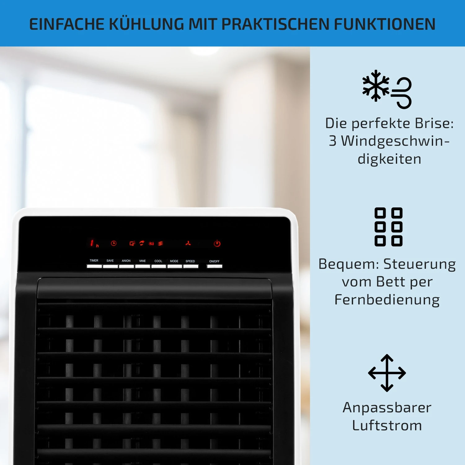CTR-1 4-in-1 Luftkühler 360 m³/h 65W 7Ltr 3 Stufen Fernbedienung mobil CTR-1 4-in-1 Luftkühler 360 M³/h 65W 7Ltr 3 Stufen Fernbedienung Mobil -Klarstein Verkaufs 10029740 de 0004 usp
