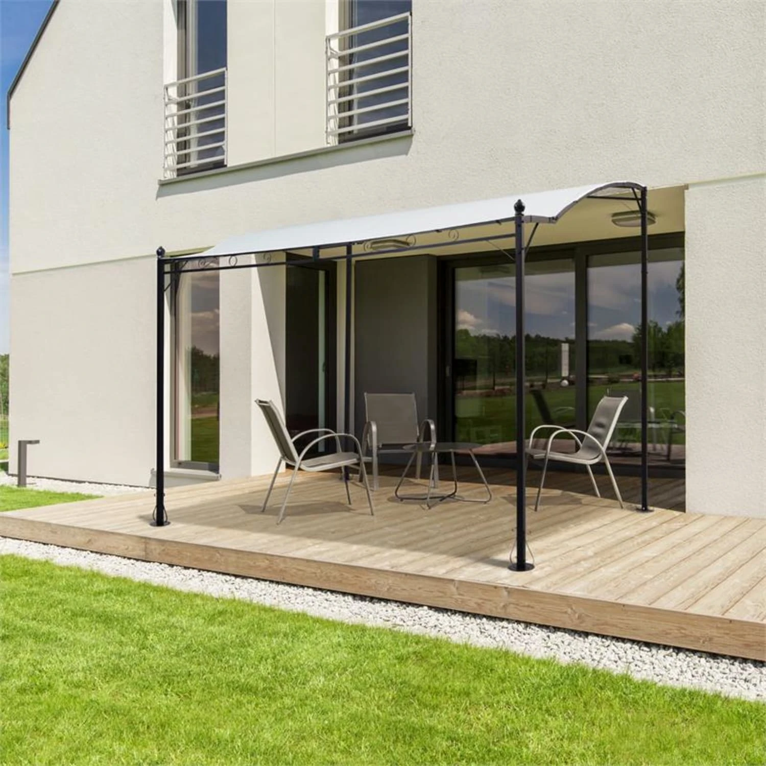 Allure Pergola Vordach Anbaupavillon 300x250cm Polyester hellbeige Allure Pergola Vordach Anbaupavillon 300x250cm Polyester Hellbeige -Klarstein Verkaufs 10030689 yy 0004 ambient Blumfeldt Allure Pergola Vordach Anbaupavillon
