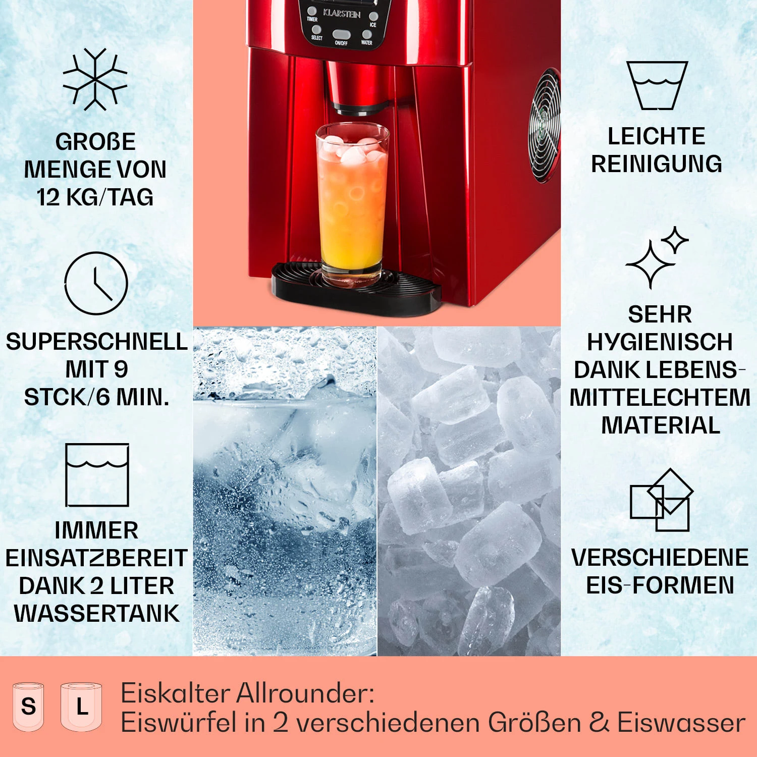 Ice Volcano 2G Eismaschine LED 12kg je 24h 2l 6-12min rot Ice Volcano 2G Eismaschine LED 12kg Je 24h 2l 6-12min Rot -Klarstein Verkaufs 10030849 DE 0002 usp