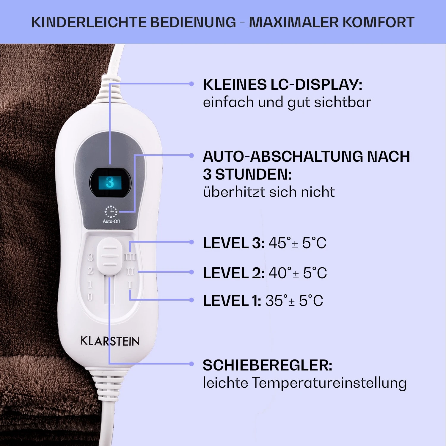 Dr. Watson XXL Heizdecke 3 Stufen waschbar 200x180cm Mikroplüsch Dr. Watson XXL Heizdecke 3 Stufen Waschbar 200x180cm Mikroplüsch -Klarstein Verkaufs 10031579 de 0006 usp
