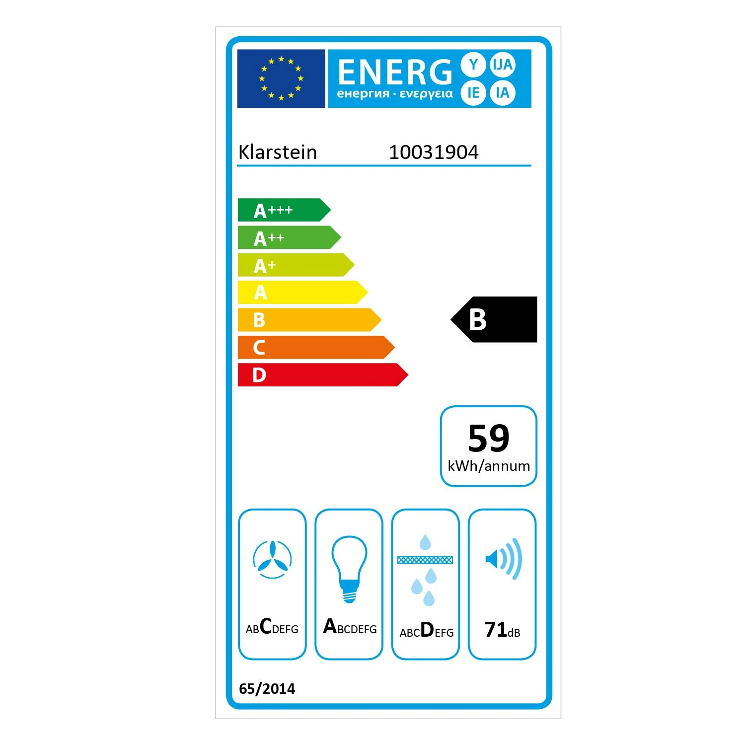 Aurica 60 Dunstabzugshaube 60cm 600 m³/h LED Touch Glas Aurica 60 Dunstabzugshaube 60cm 600 M³/h LED Touch Glas -Klarstein Verkaufs 10031904 energy label