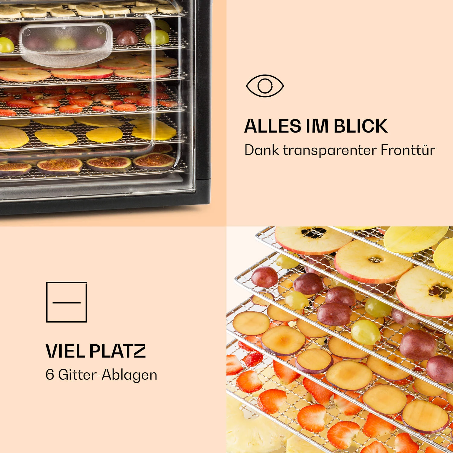 Fruit Jerky Plus 6 Dörrautomat Timer 6 Ablage 420-500 W 35-70 °C Display Fruit Jerky Plus 6 Dörrautomat Timer 6 Ablage 420-500 W 35-70 °C Display -Klarstein Verkaufs 10031935 de 0003 logo