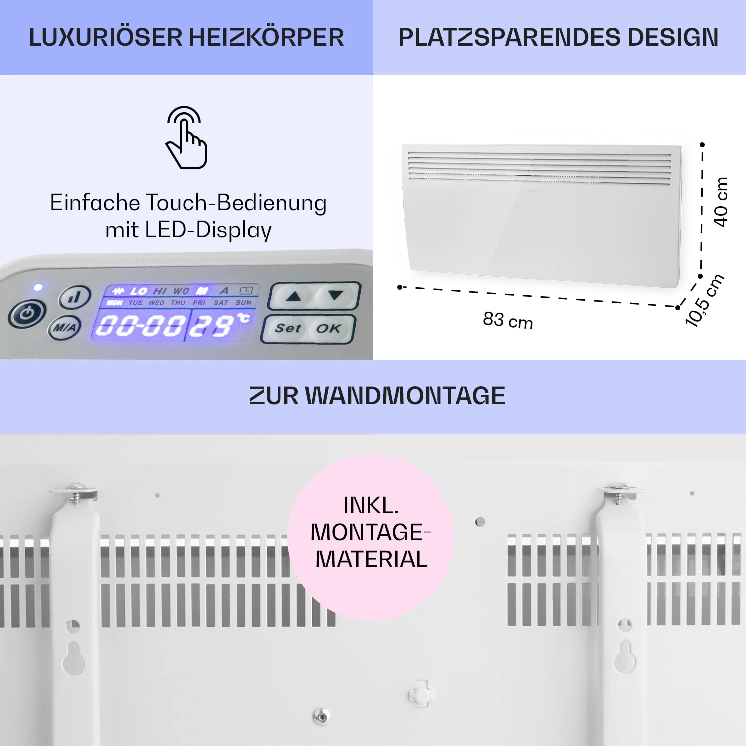 Hot Spot Slimcurve Heizgerät 80x40cm 40m² 2000W 5-40°C LED IP24 weiß Hot Spot Slimcurve Heizgerät 80x40cm 40m² 2000W 5-40°C LED IP24 Weiß -Klarstein Verkaufs 10033016 de 0006 usp