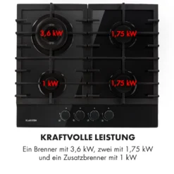 Ignito 4 Zonen Gaskochfeld 4-flammig Sabaf-Brenner Glaskeramik Schwarz 5 Ignito 4 Zonen Gaskochfeld 4-flammig Sabaf-Brenner Glaskeramik Schwarz -Klarstein Verkaufs 10033132 de 0006 logo