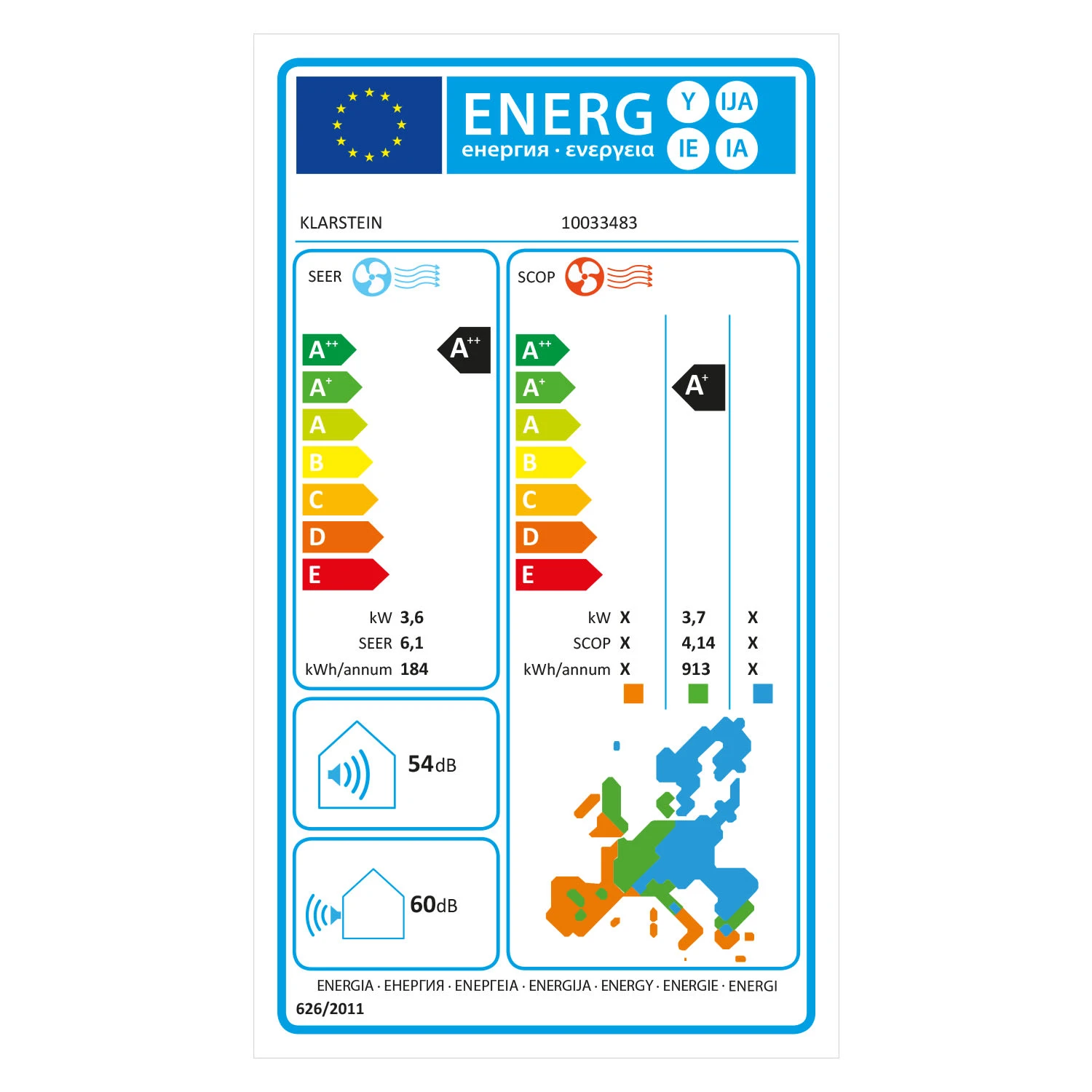 Windwaker Split-Klimaanlage 12.000 BTU/3,6 kW Luftdurchsatz 600m³/h Windwaker Split-Klimaanlage 12.000 BTU/3,6 KW Luftdurchsatz 600m³/h -Klarstein Verkaufs 10033483 energy label