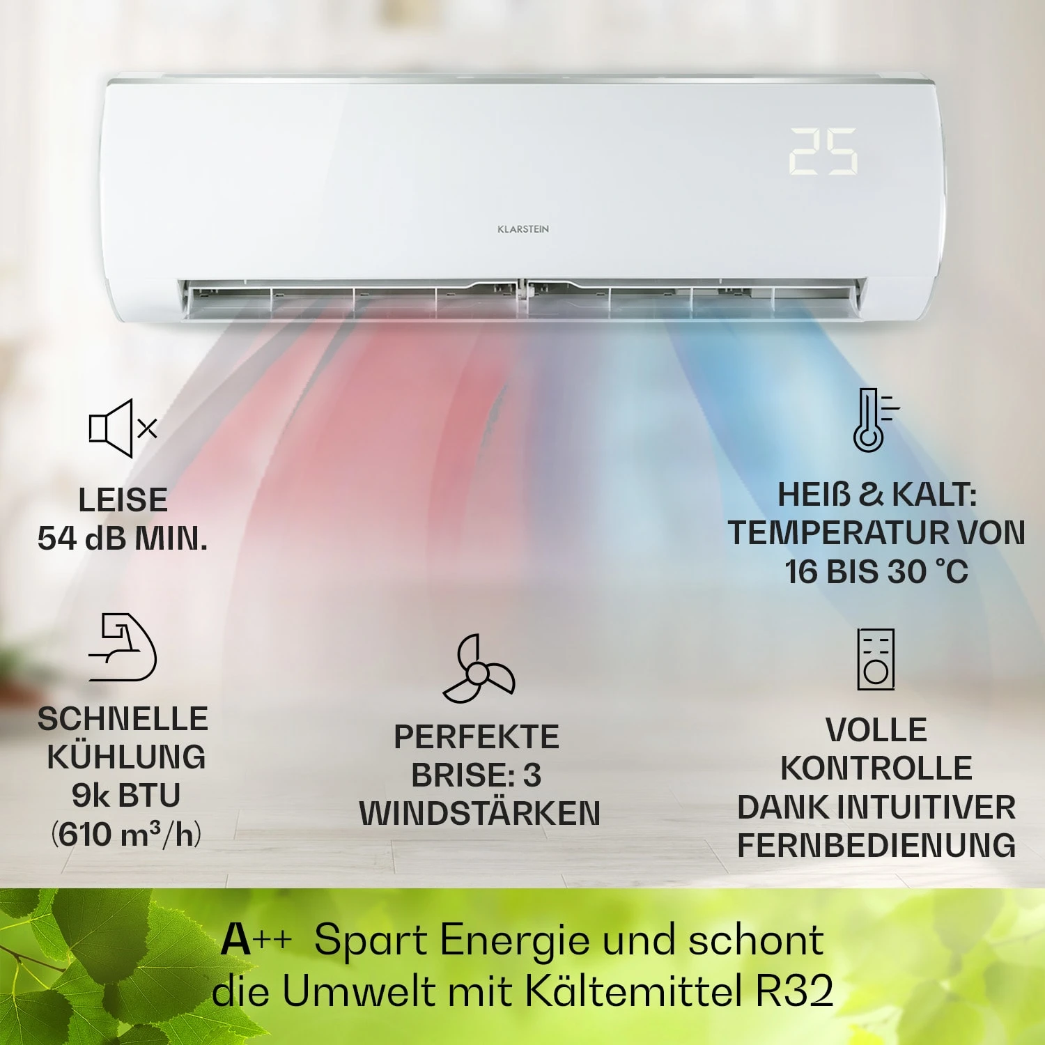 Windwaker Eco Split-Klimaanlage 9.000 BTU/2,7 kW Luftdurchsatz 610 m³/h max. A++ Windwaker Eco Split-Klimaanlage 9.000 BTU/2,7 KW Luftdurchsatz 610 M³/h Max. A++ -Klarstein Verkaufs 10033600 de 0002 usp