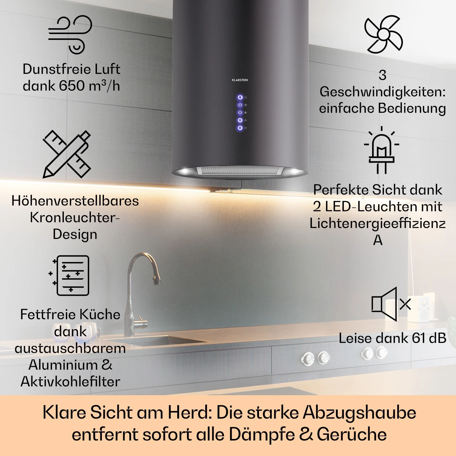 Beretta Inselabzugshaube Ø35cm 650m³/h LED inkl. Aktivkohlefilter Beretta Inselabzugshaube Ø35cm 650m³/h LED Inkl. Aktivkohlefilter -Klarstein Verkaufs 10033718 de 0002 usp