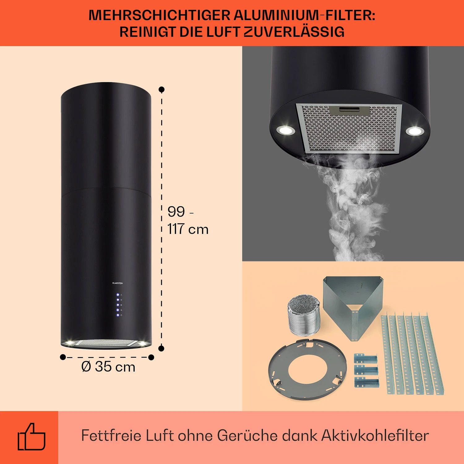 Beretta Inselabzugshaube Ø35cm 650m³/h LED inkl. Aktivkohlefilter Beretta Inselabzugshaube Ø35cm 650m³/h LED Inkl. Aktivkohlefilter -Klarstein Verkaufs 10033718 de 0005 usp
