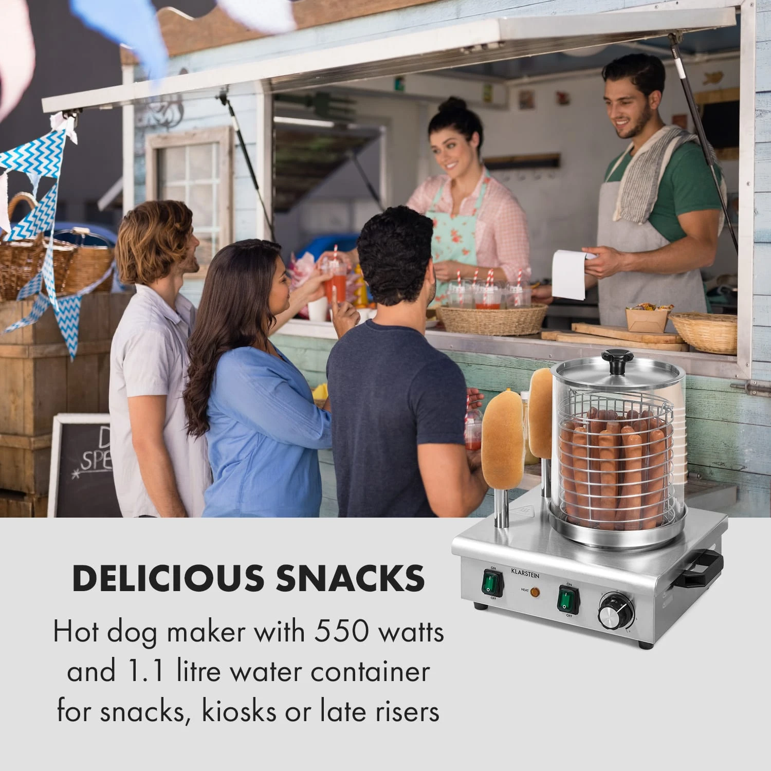 Wurstfabrik Pro 550 Hot Dog Maker 550W 2 Spieße 5L 30-100°C Edelstahl Wurstfabrik Pro 550 Hot Dog Maker 550W 2 Spieße 5L 30-100°C Edelstahl -Klarstein Verkaufs 10034453 uk 0002 logo