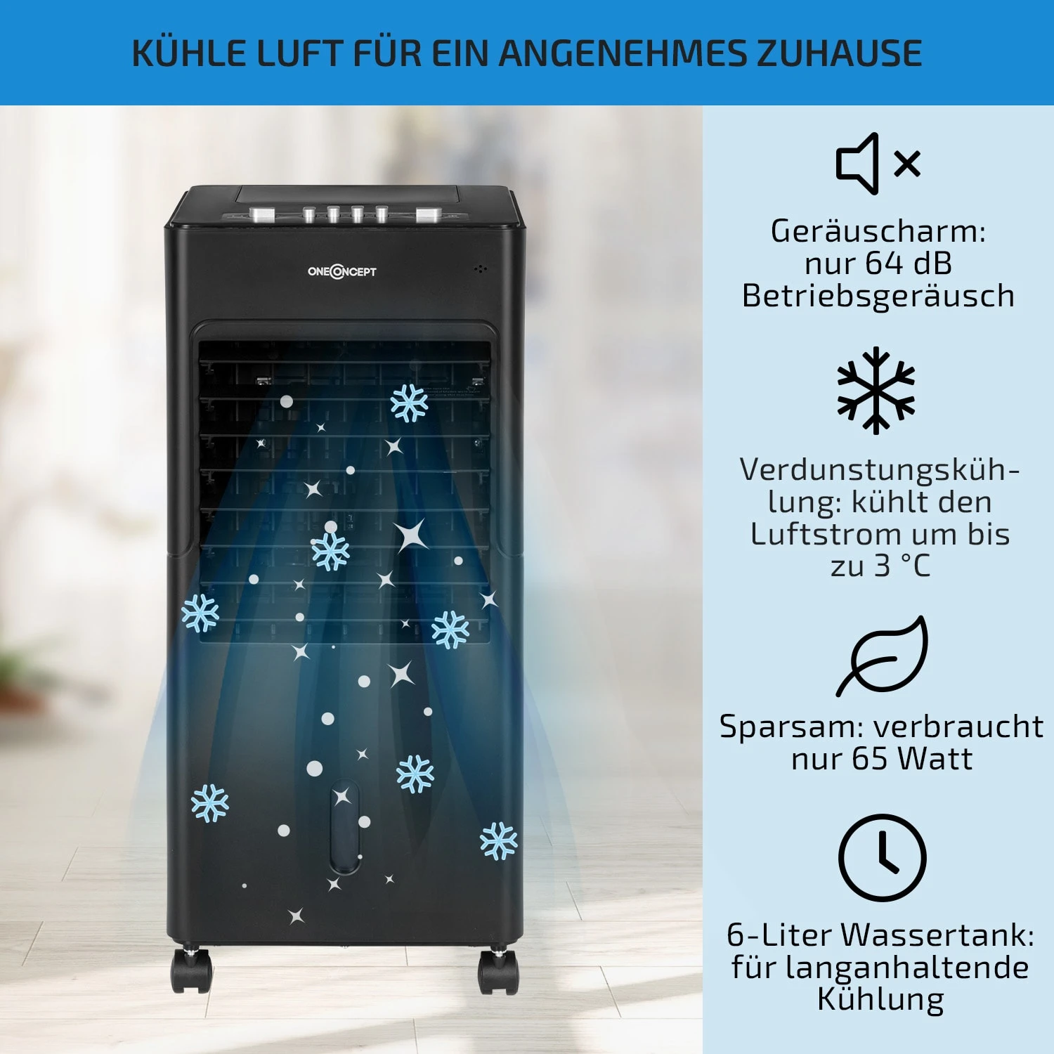 Freshboxx 3-in-1 Luftkühler 65 W 360 m³/h 6 Ltr Oszillation mobil Freshboxx 3-in-1 Luftkühler 65 W 360 M³/h 6 Ltr Oszillation Mobil -Klarstein Verkaufs 10034630 de 0002 usp