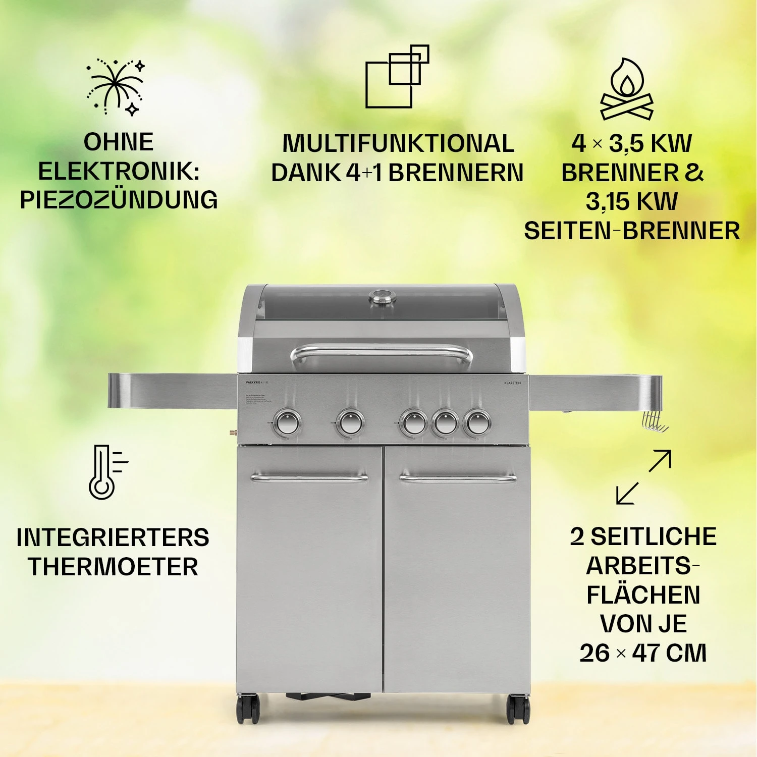 Valkyrie Gasgrill 4x3,5 kW + 3,15 kW Brenner 74x44 cm Grill Edelstahl Valkyrie Gasgrill 4x3,5 KW + 3,15 KW Brenner 74x44 Cm Grill Edelstahl -Klarstein Verkaufs 10034715 de 0002 usp
