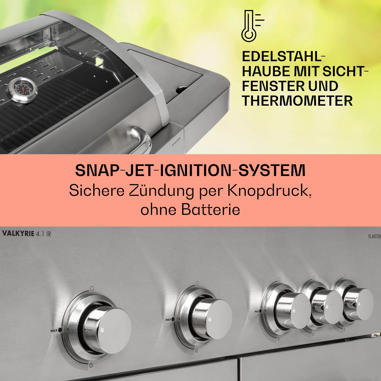 Valkyrie Gasgrill 4x3,5 kW + 3,15 kW Brenner 74x44 cm Grill Edelstahl Valkyrie Gasgrill 4x3,5 KW + 3,15 KW Brenner 74x44 Cm Grill Edelstahl -Klarstein Verkaufs 10034715 de 0004 usp