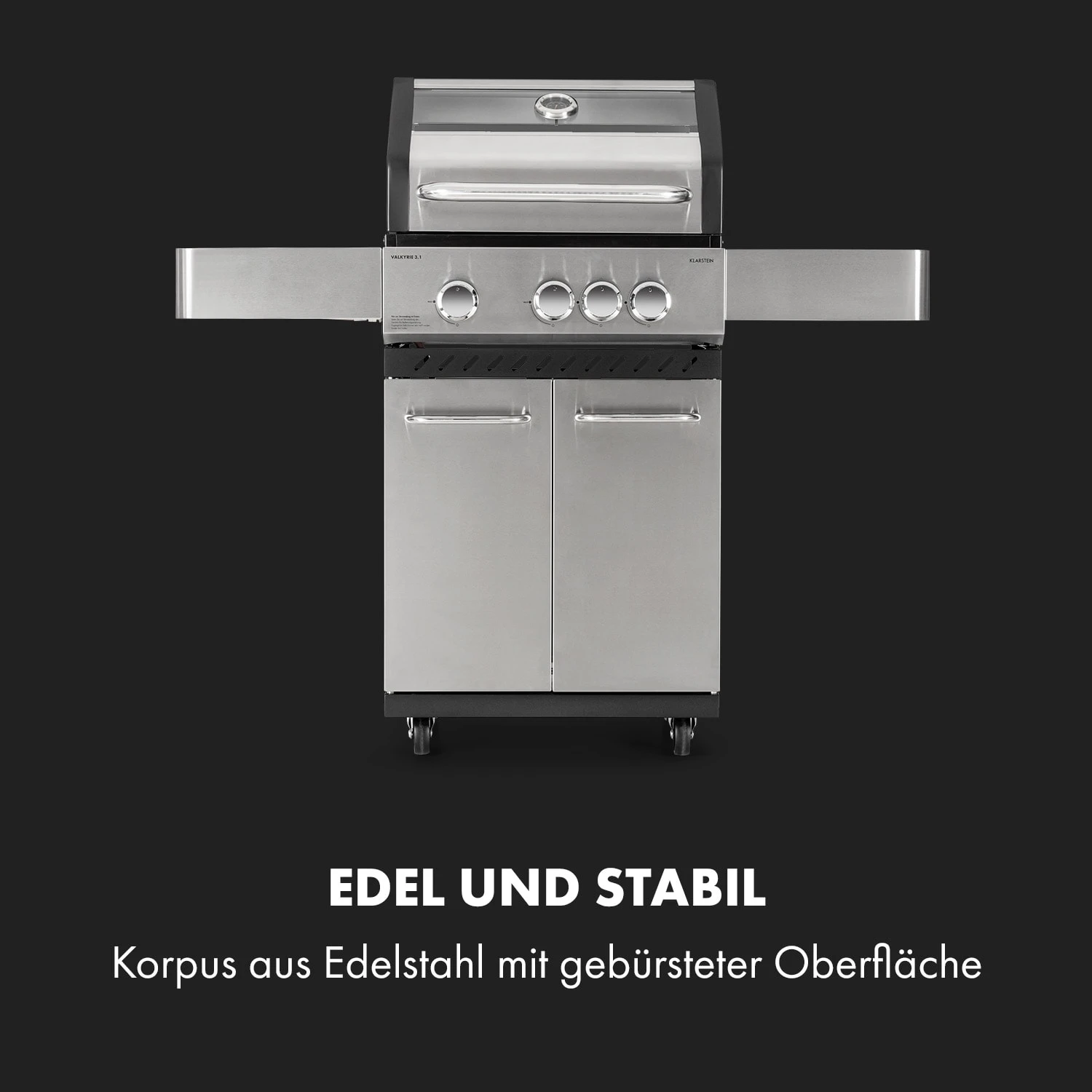 Valkyrie Gasgrill 3x3,2 + 2,9 kW Sichtfenster 54x42 cm Grill Edelstahl Valkyrie Gasgrill 3x3,2 + 2,9 KW Sichtfenster 54x42 Cm Grill Edelstahl -Klarstein Verkaufs 10034845 de 0004 logo