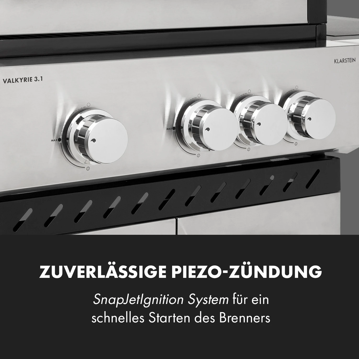 Valkyrie Gasgrill 3x3,2 + 2,9 kW Sichtfenster 54x42 cm Grill Edelstahl Valkyrie Gasgrill 3x3,2 + 2,9 KW Sichtfenster 54x42 Cm Grill Edelstahl -Klarstein Verkaufs 10034845 de 0009 logo