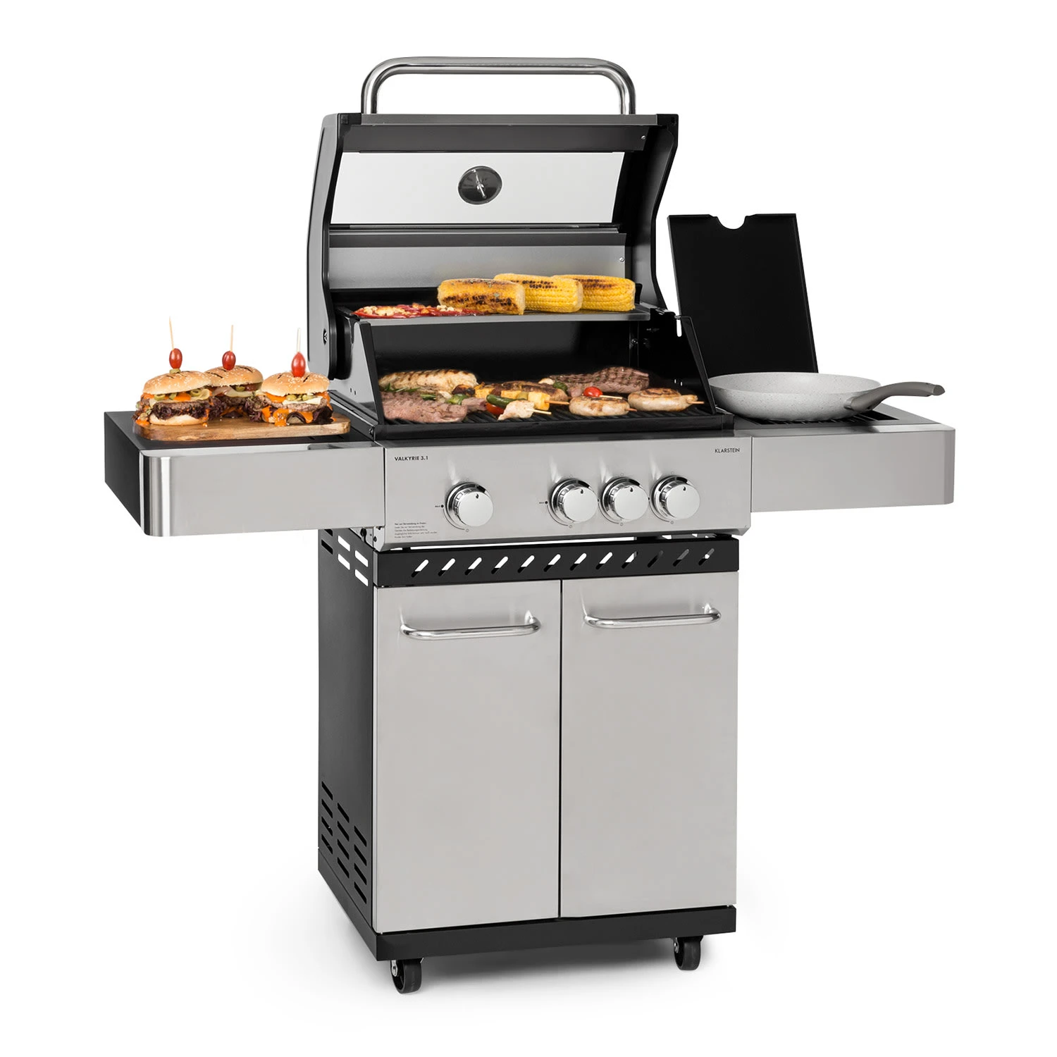 Valkyrie Gasgrill 3x3,2 + 2,9 kW Sichtfenster 54x42 cm Grill Edelstahl Valkyrie Gasgrill 3x3,2 + 2,9 KW Sichtfenster 54x42 Cm Grill Edelstahl -Klarstein Verkaufs 10034845 yy 0001 titel Klarstein Valkyrie Gasgrill 3plus1 Brenner Edelstahl