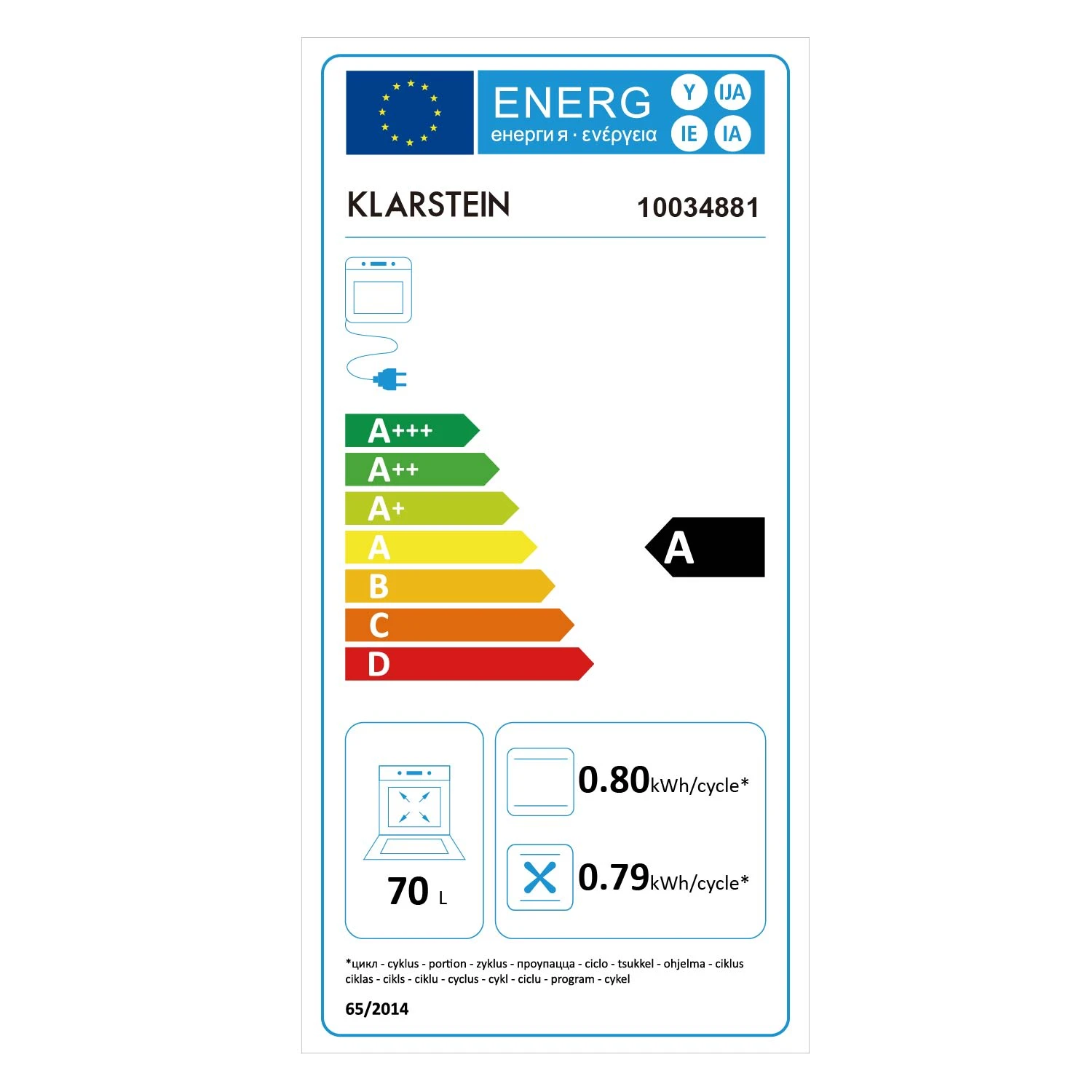 Elizabeth Einbaubackofen Retro 2200W 70L 50 - 250 °C Timer Display Elizabeth Einbaubackofen Retro 2200W 70L 50 - 250 °C Timer Display -Klarstein Verkaufs 10034881 energy label