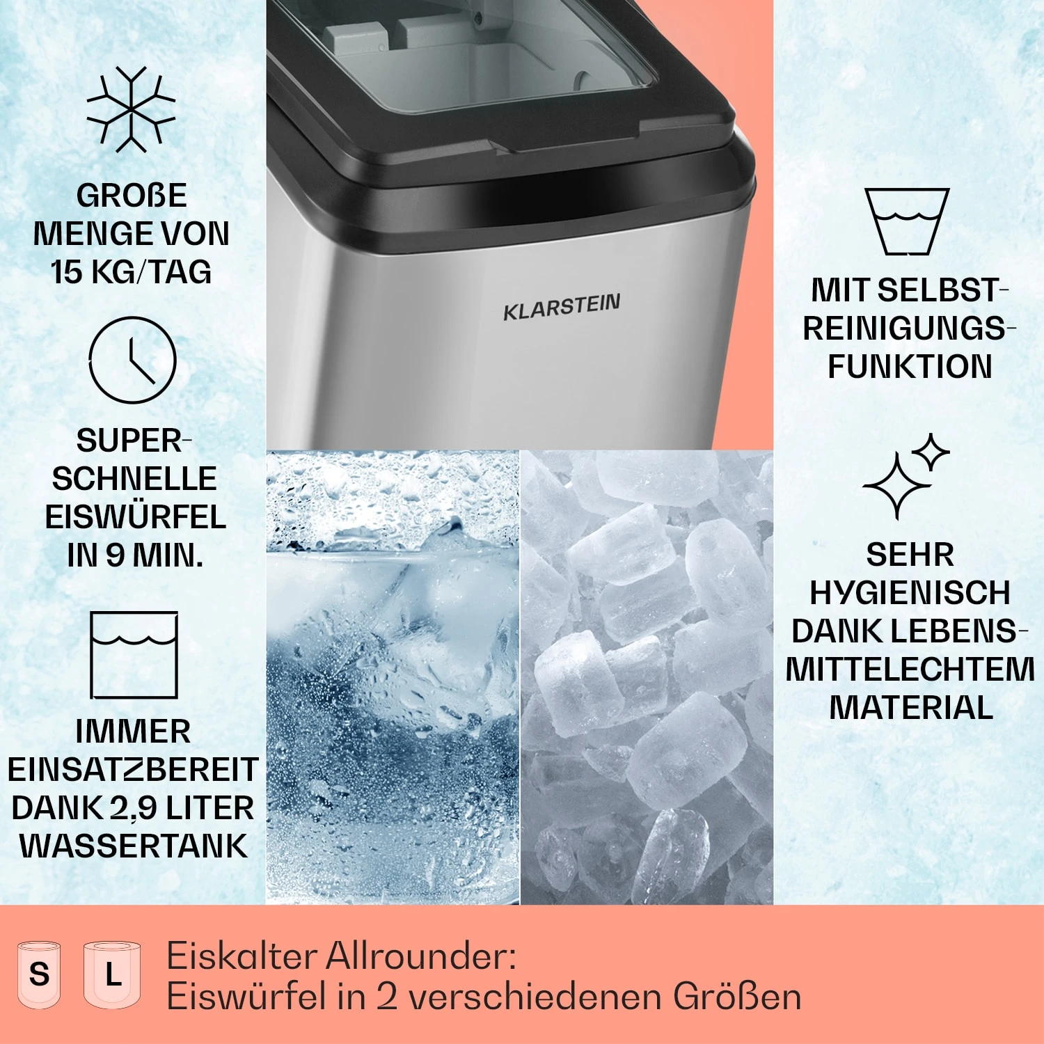 Partytime Eiswürfelmaschine Klareis 15kg/24h Edelstahl Partytime Eiswürfelmaschine Klareis 15kg/24h Edelstahl -Klarstein Verkaufs 10035294 de 0002 usp