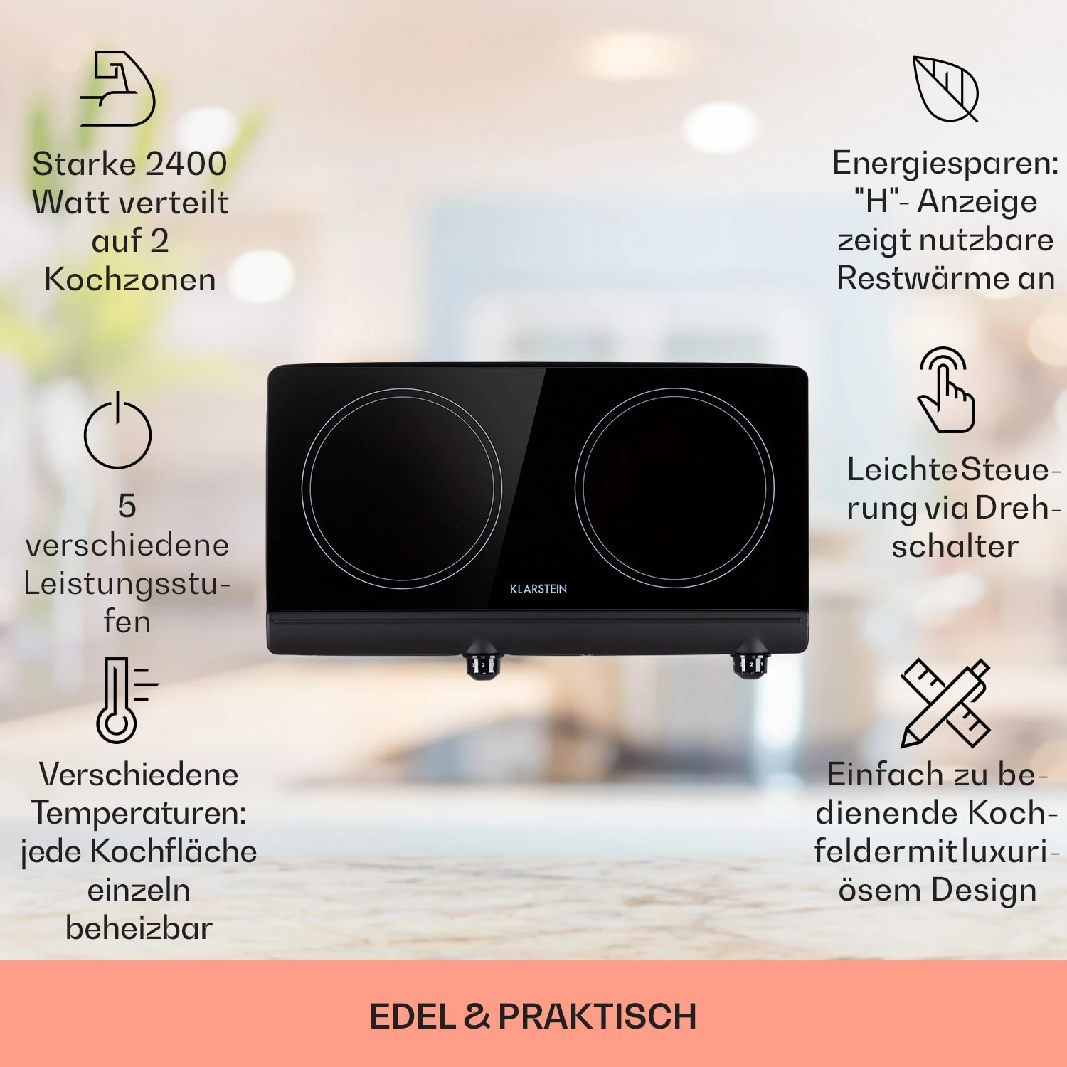 Cookbuddy Doppel-Kochfeld 2400W 5 Leistungsstufen Glaskeramik Cookbuddy Doppel-Kochfeld 2400W 5 Leistungsstufen Glaskeramik -Klarstein Verkaufs 10035705 de 0002 usp