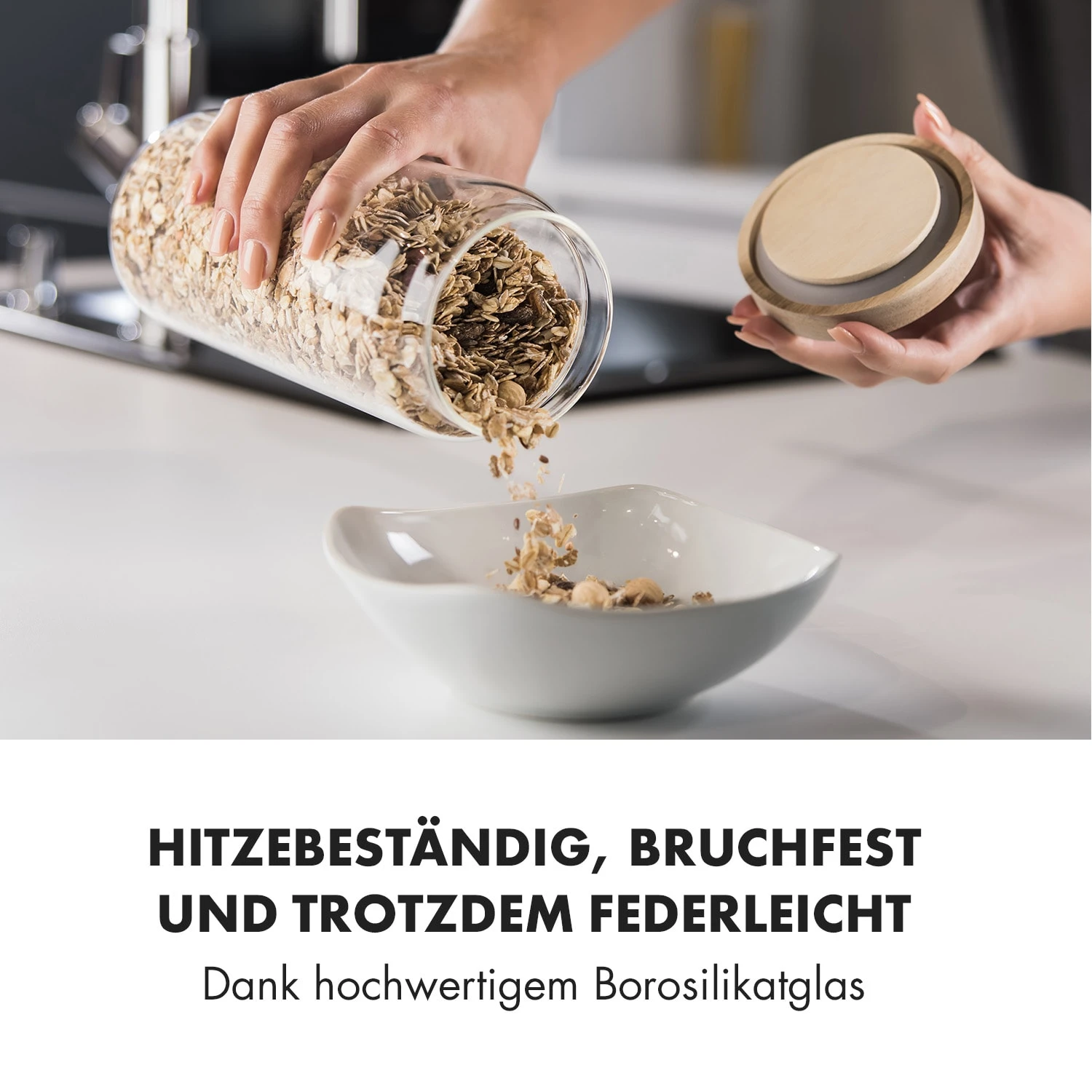 Glaswerk Lovage Vorratsgläser 1,1 l 3er Set Borosilikatglas Akazienholzdeckel Silikon Glaswerk Lovage Vorratsgläser 1,1 L 3er Set Borosilikatglas Akazienholzdeckel Silikon -Klarstein Verkaufs 10036356 de 0003 logo