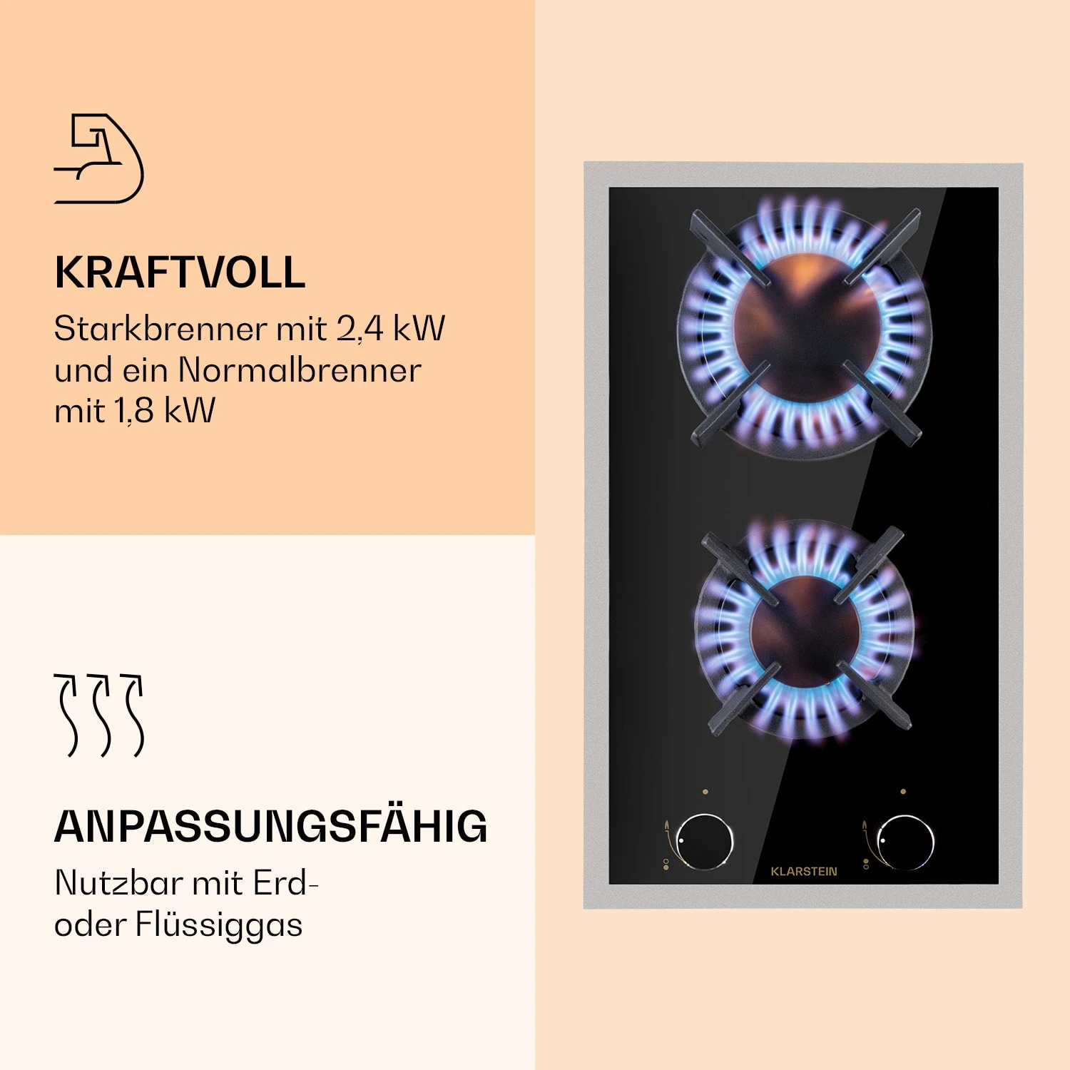 Goldflame Domino Prime Gaskochfeld 2-flammig Messing-Brenner Glaskeramik Goldflame Domino Prime Gaskochfeld 2-flammig Messing-Brenner Glaskeramik -Klarstein Verkaufs 10037806 de 0004 logo