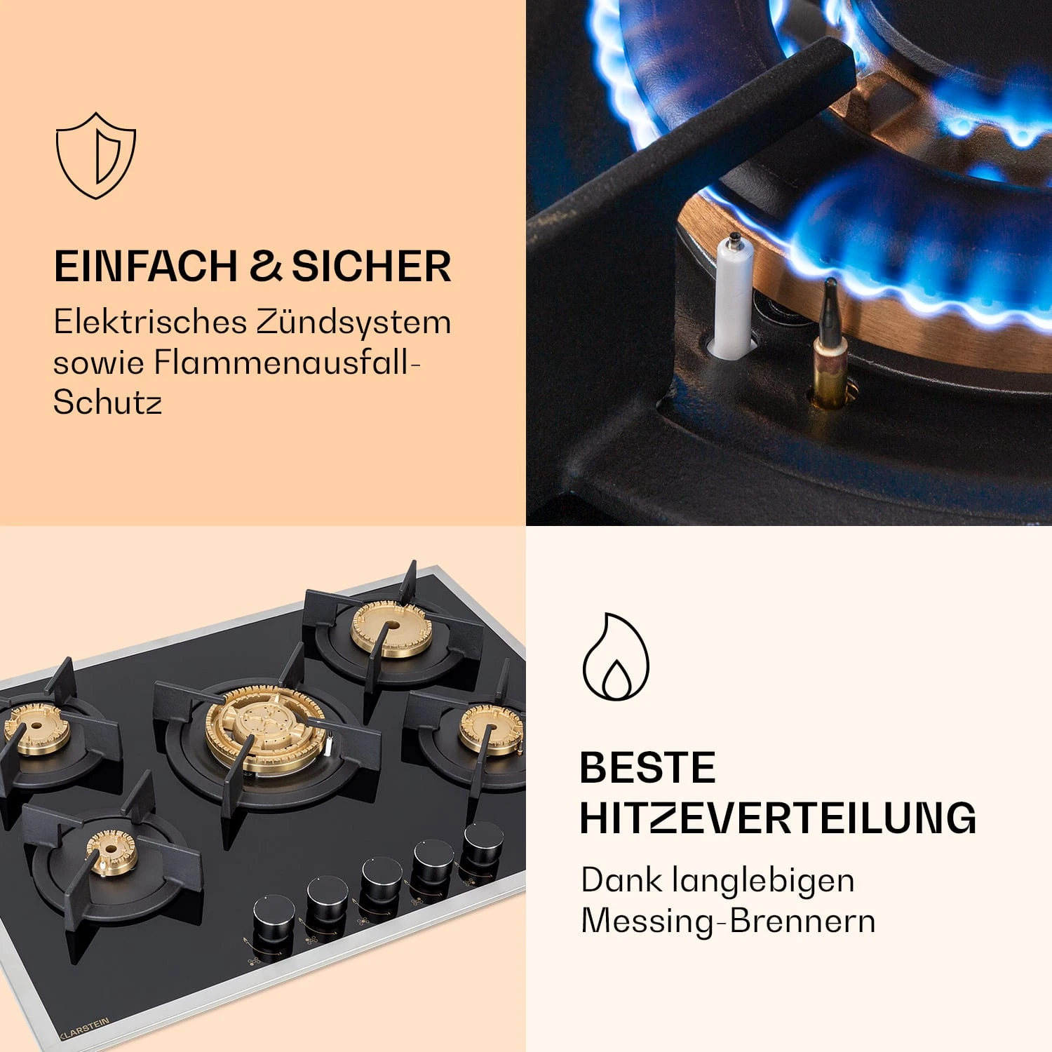 Goldflame 5 Prime Gaskochfeld 5-flammig Messing-Brenner Glaskeramik Goldflame 5 Prime Gaskochfeld 5-flammig Messing-Brenner Glaskeramik -Klarstein Verkaufs 10037808 de 0005 logo