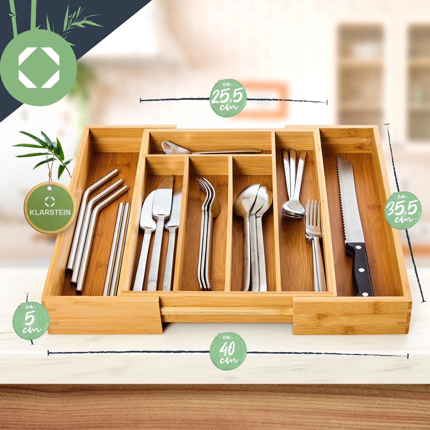 Besteckkasten 5-7 Fächer max. 40 x 5 x 35,5 cm Bambus Besteckkasten 5-7 Fächer Max. 40 X 5 X 35,5 Cm Bambus -Klarstein Verkaufs 10038140 yy 0009 logo