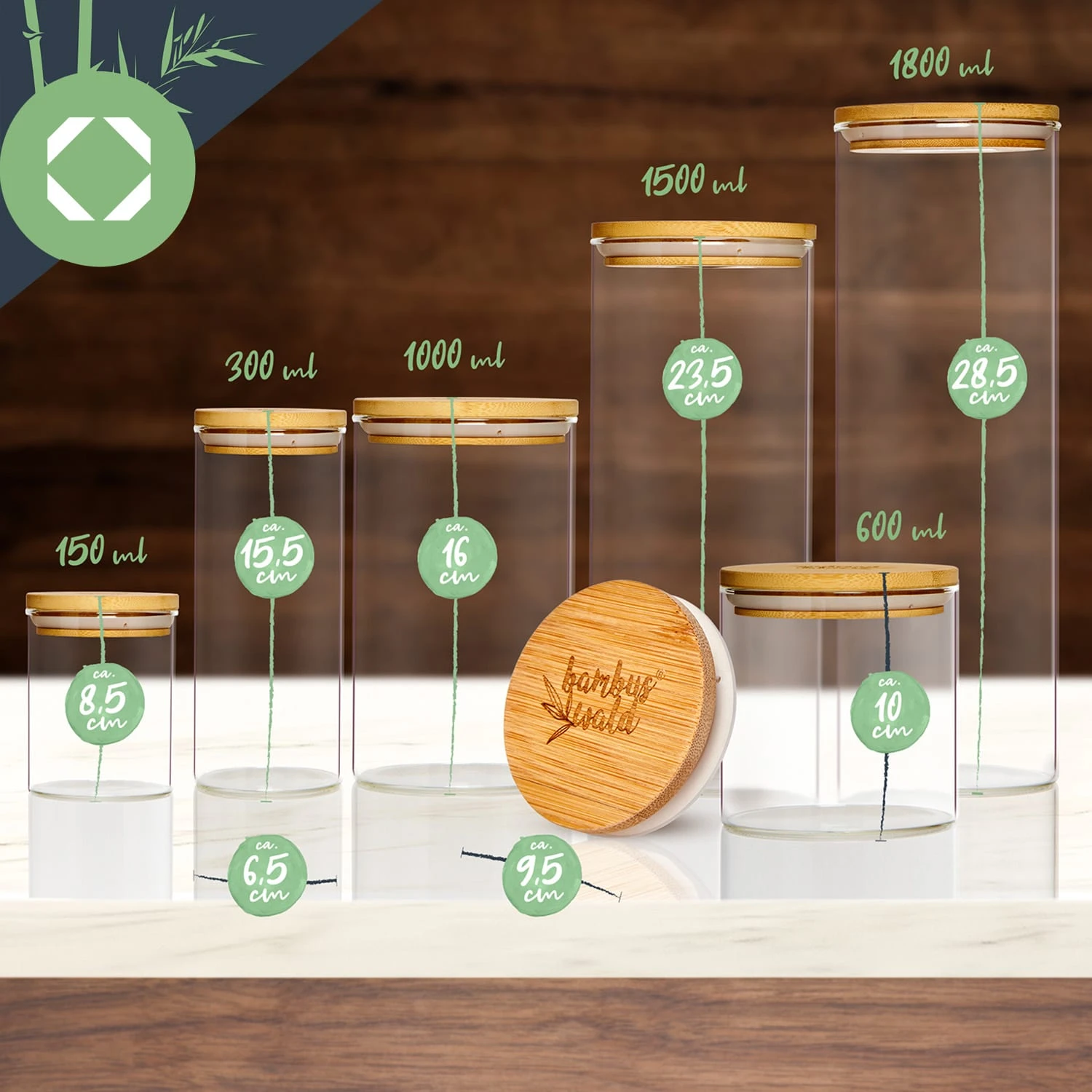 Rundes Glas mit Bambusdeckel 4er-Set Inhalt: 600 ml, 1000 ml, 1500 ml, 1800 ml Rundes Glas Mit Bambusdeckel 4er-Set Inhalt: 600 Ml, 1000 Ml, 1500 Ml, 1800 Ml -Klarstein Verkaufs 10038254 yy 0008 logo