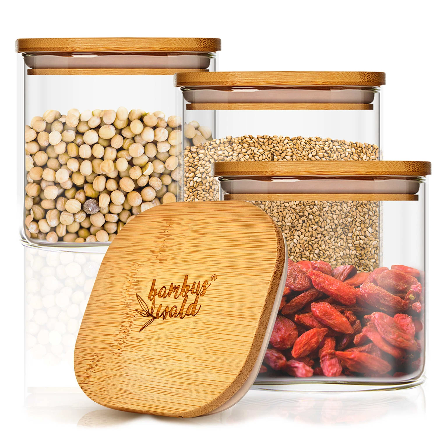 Eckiges Glas mit Bambusdeckel luftdicht mit Silikonring 10x10x10 cm 3x 700 ml Eckiges Glas Mit Bambusdeckel Luftdicht Mit Silikonring 10x10x10 Cm 3x 700 Ml -Klarstein Verkaufs 10038258 yy 0001 titel