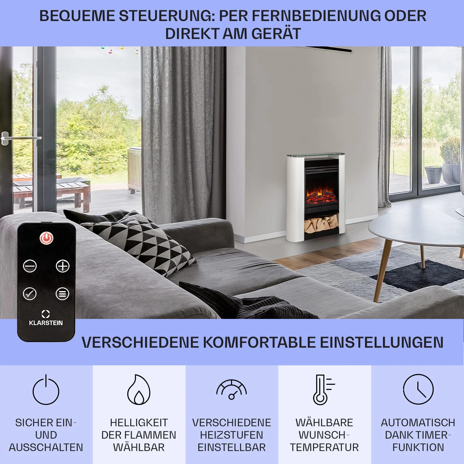 Studio 5 Arc Elektrokamin 1800 W LED-Flammen Heizlüfter Fernbedienung Studio 5 Arc Elektrokamin 1800 W LED-Flammen Heizlüfter Fernbedienung -Klarstein Verkaufs 10038400 de 0006 usp