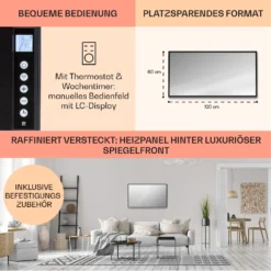 La Palma 1000 Smart 2-in-1 Heizgerät Infrarot Konvektor 120x60cm 1000W Spiegel -Klarstein Verkaufs 10039835 de 0006 usp