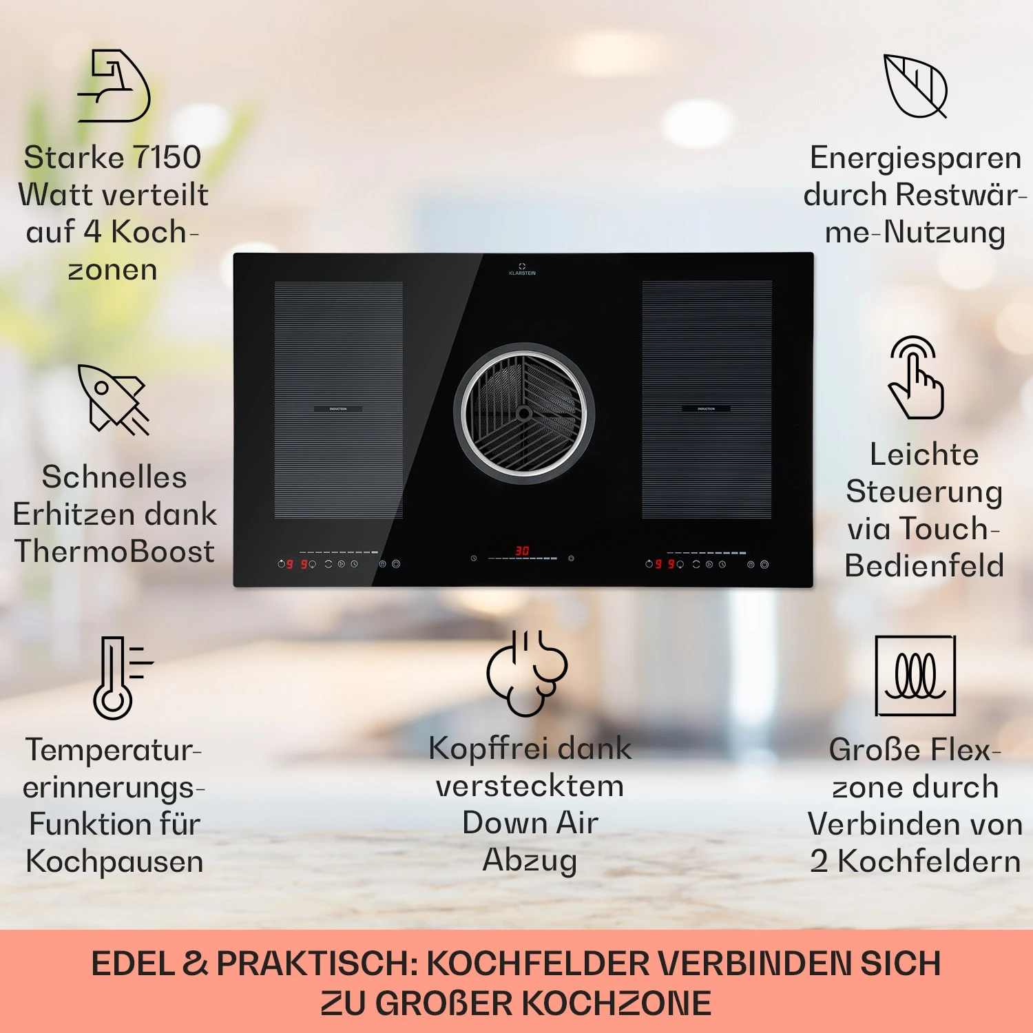Full House 3.0 Down Air System Induktionsherd DownAir-Haube 655 m³/h Full House 3.0 Down Air System Induktionsherd DownAir-Haube 655 M³/h -Klarstein Verkaufs 10040067 de 0002 usp