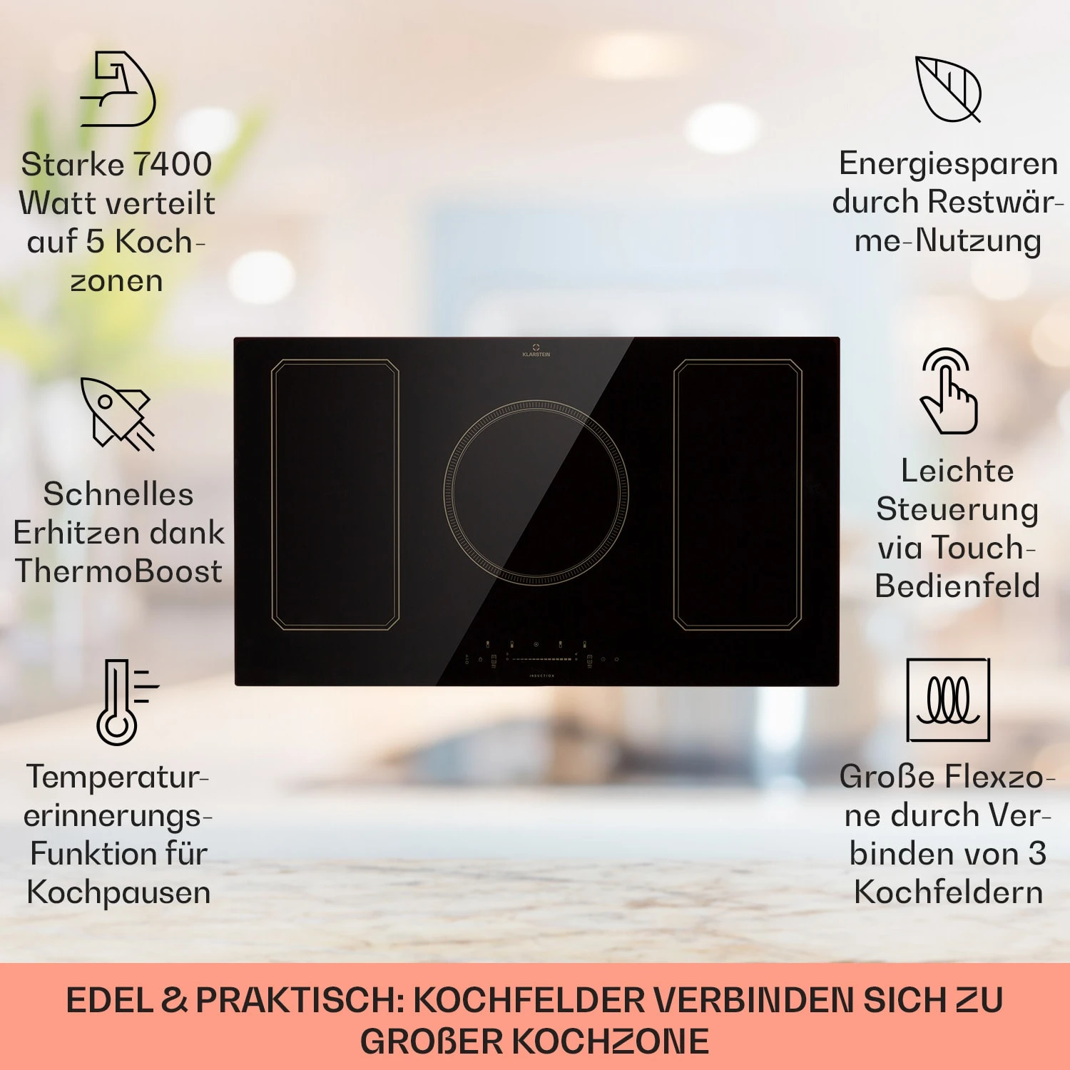 Victoria 5 Flex Induktionskochfeld Einbau 7400W 2 Flexzonen Timer Victoria 5 Flex Induktionskochfeld Einbau 7400W 2 Flexzonen Timer -Klarstein Verkaufs 10040203 de 0002 usp