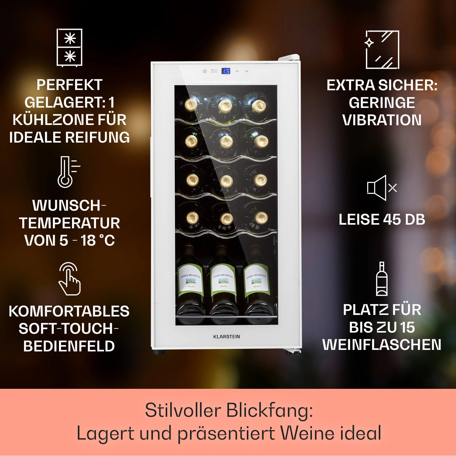 Shiraz 15 Slim Uno Weinkühlschrank 44l Touch-Bedienfeld 5-18°C Shiraz 15 Slim Uno Weinkühlschrank 44l Touch-Bedienfeld 5-18°C -Klarstein Verkaufs 10040214 de 0002 usp