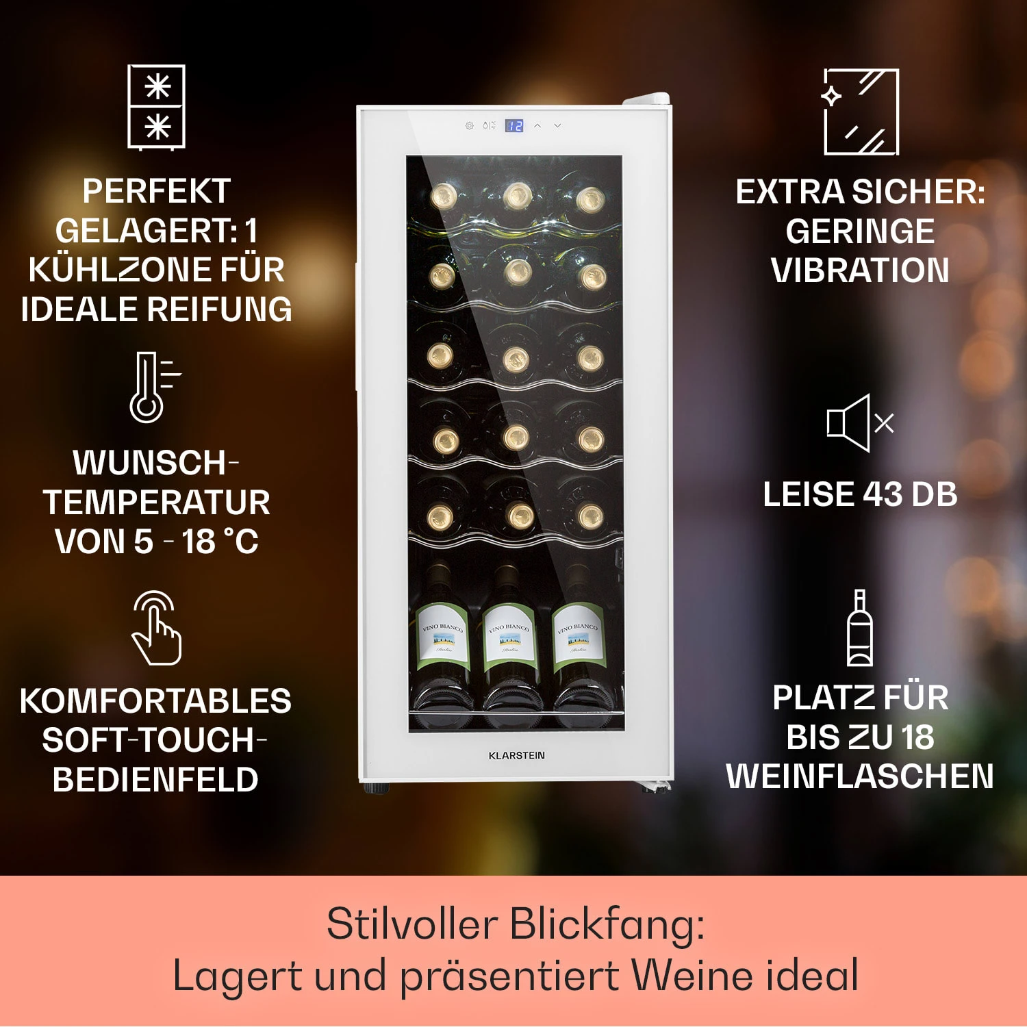 Shiraz 18 Slim Uno Weinkühlschrank 50l 18Fl Touch-Bedienfeld 5-18°C Shiraz 18 Slim Uno Weinkühlschrank 50l 18Fl Touch-Bedienfeld 5-18°C -Klarstein Verkaufs 10040215 de 0002 usp