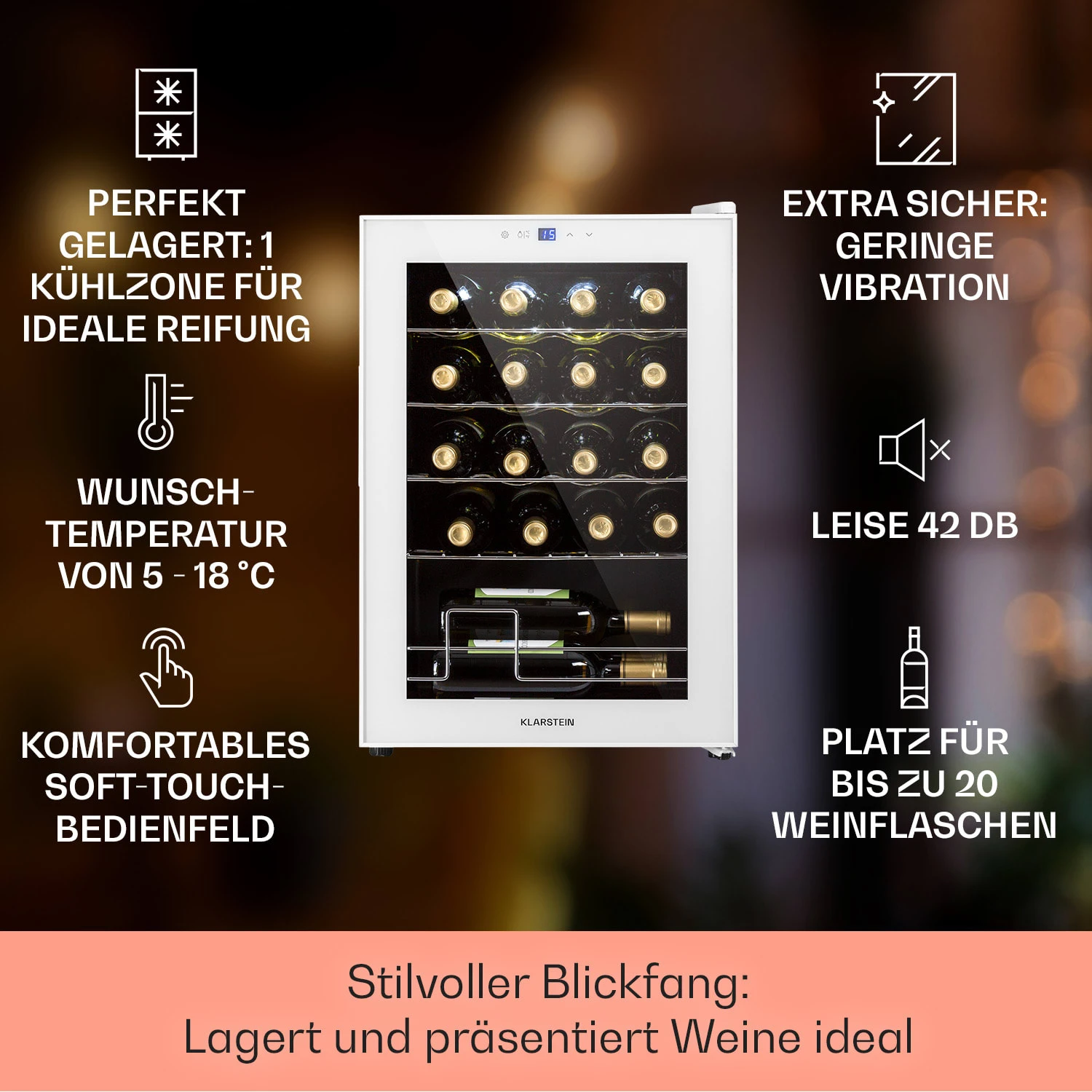 Shiraz 20 Uno Weinkühlschrank 53l 20Fl Touch-Bedienfeld 5-18°C Shiraz 20 Uno Weinkühlschrank 53l 20Fl Touch-Bedienfeld 5-18°C -Klarstein Verkaufs 10040216 de 0002 usp