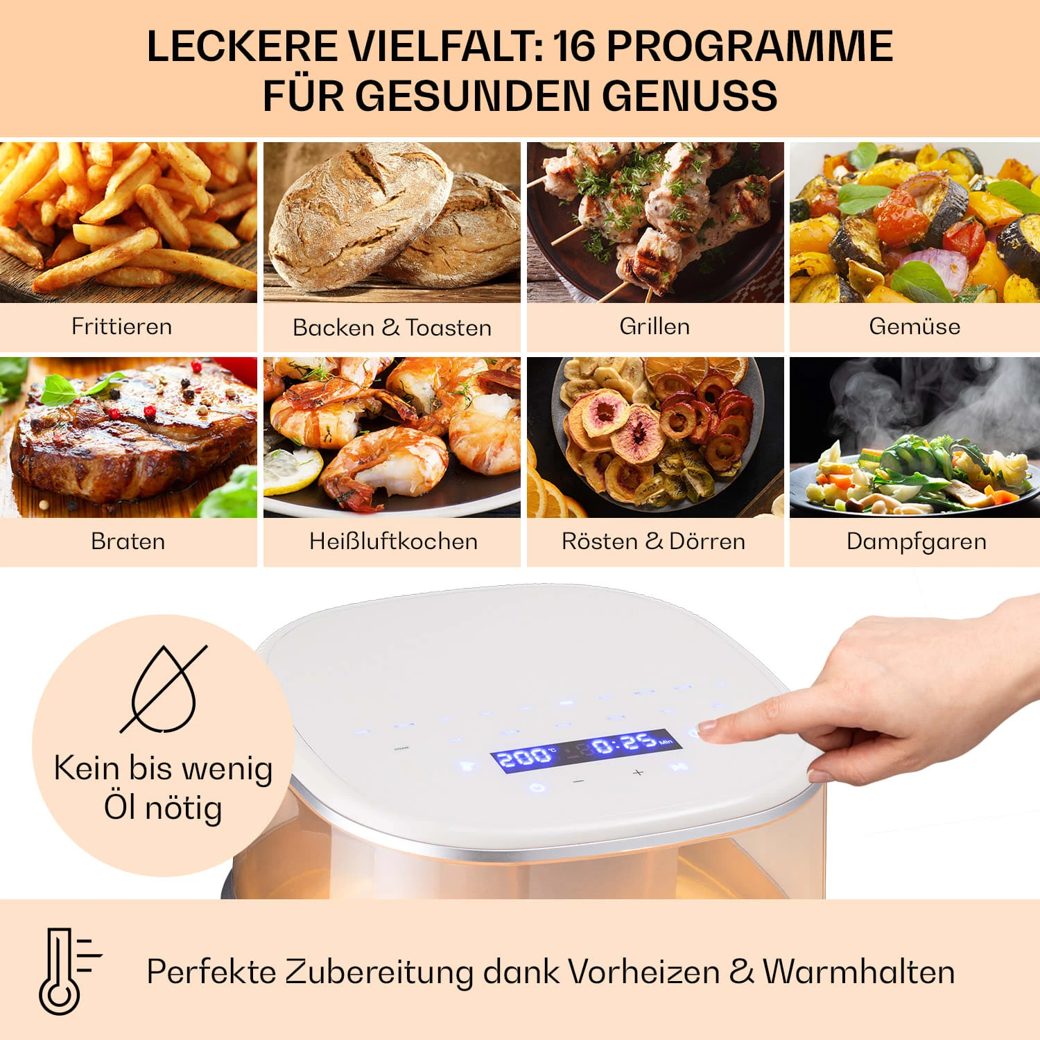 Air Bloom Heißluftfritteuse Dampffunktion 1500W 7,5 Liter 16 Programme Air Bloom Heißluftfritteuse Dampffunktion 1500W 7,5 Liter 16 Programme -Klarstein Verkaufs 10040497 de 0004 usp