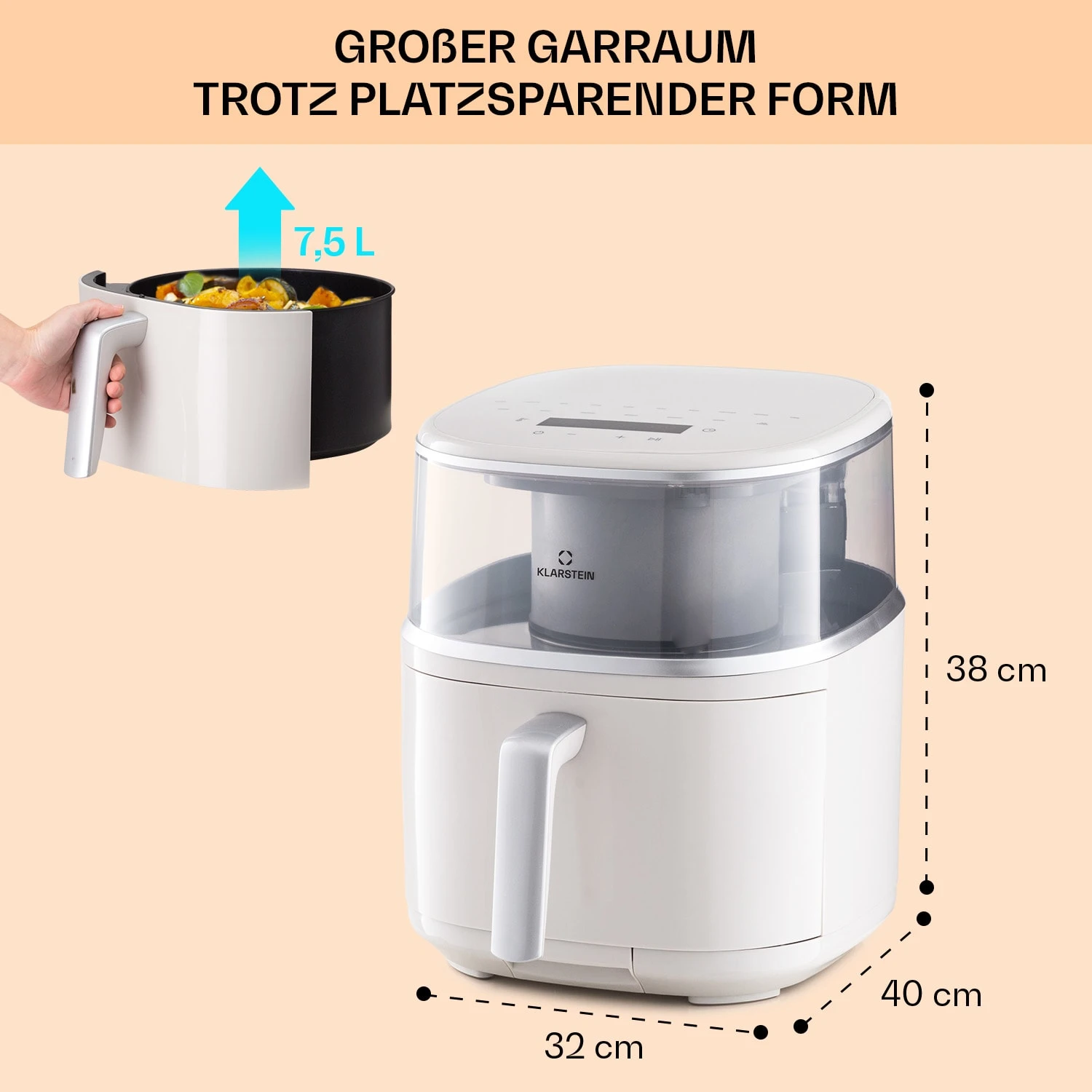 Air Bloom Heißluftfritteuse Dampffunktion 1500W 7,5 Liter 16 Programme Air Bloom Heißluftfritteuse Dampffunktion 1500W 7,5 Liter 16 Programme -Klarstein Verkaufs 10040497 de 0007 usp