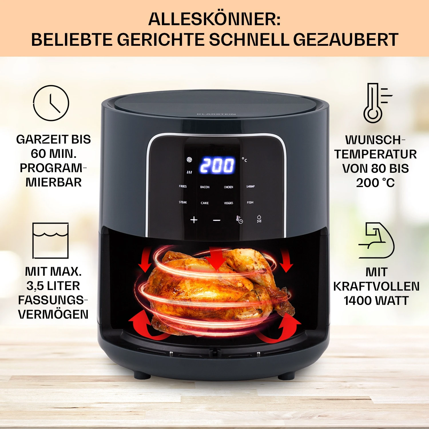 Crisp-Pro Heißluftfritteuse Air Fryer 1400W 3,5 Ltr 8 Programme Timer Crisp-Pro Heißluftfritteuse Air Fryer 1400W 3,5 Ltr 8 Programme Timer -Klarstein Verkaufs 10040701 de 0002 logo