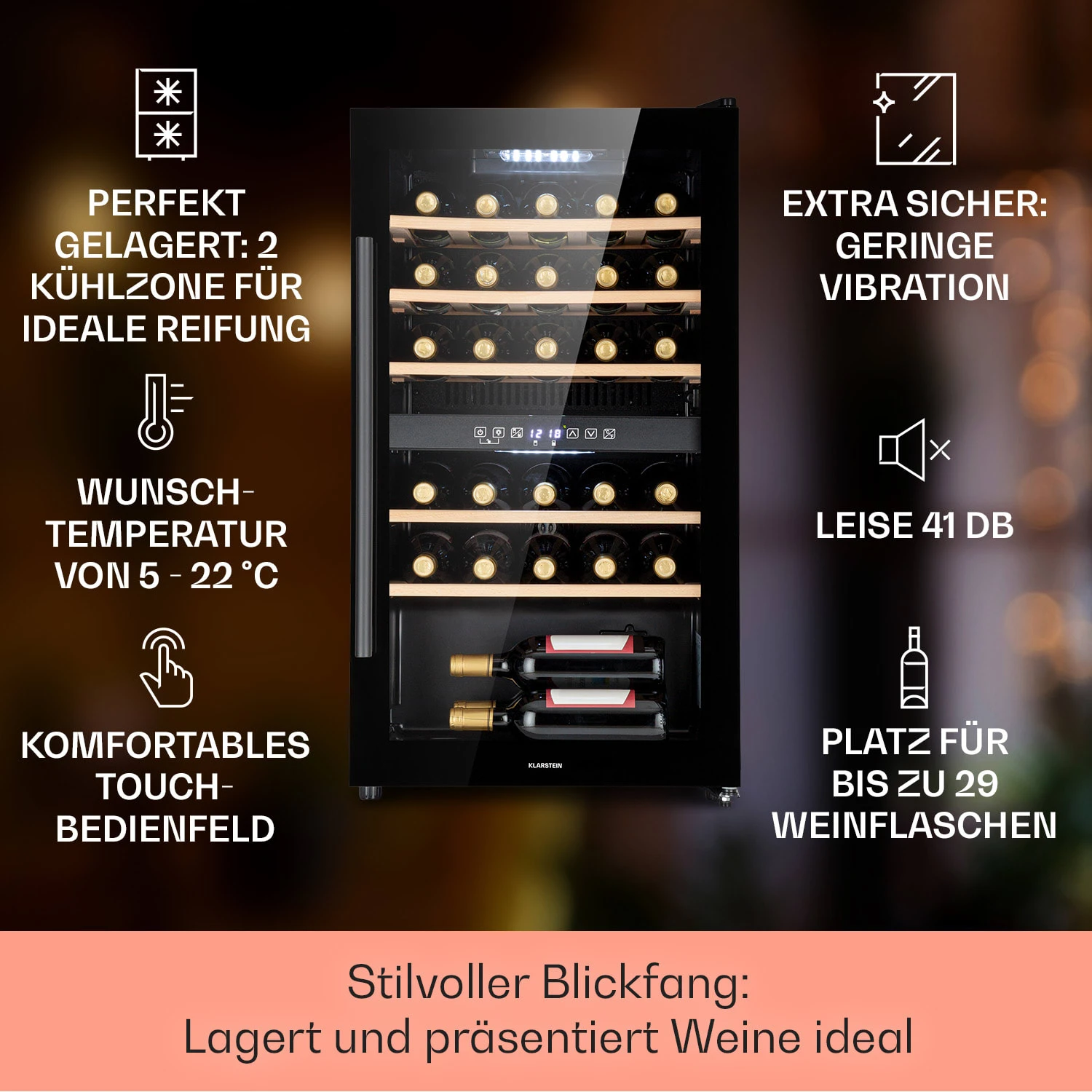 Barossa 29 Duo Weinkühlschrank 29 Fl 80 Ltr 2 Zonen Drucktasten Barossa 29 Duo Weinkühlschrank 29 Fl 80 Ltr 2 Zonen Drucktasten -Klarstein Verkaufs 10041124 de 0002 usp