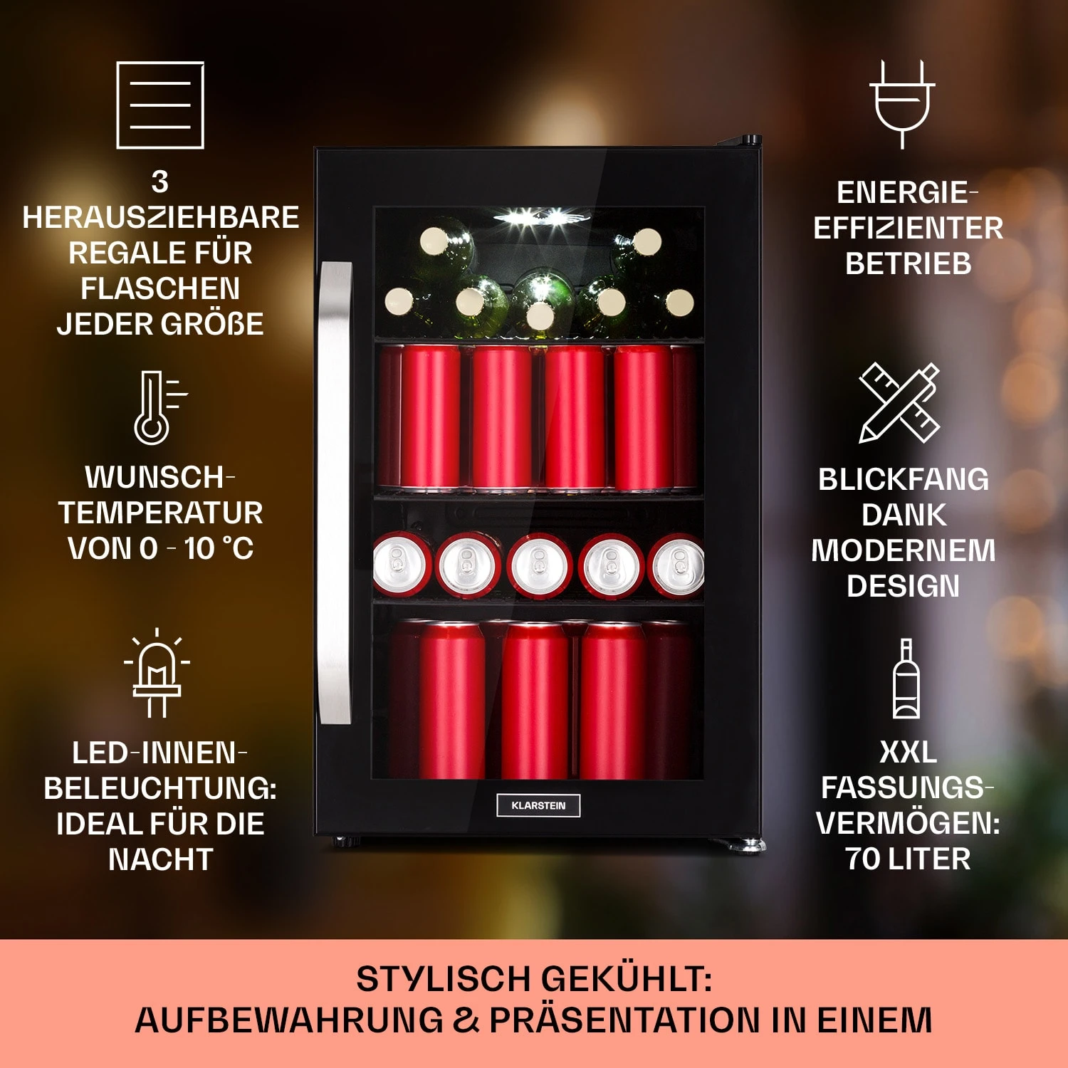 Beersafe 70 Bierzeit Edition Kühlschrank 70 Ltr 3 Böden Glas Edelstahl Beersafe 70 Bierzeit Edition Kühlschrank 70 Ltr 3 Böden Glas Edelstahl -Klarstein Verkaufs 10041176 de 0002 usp