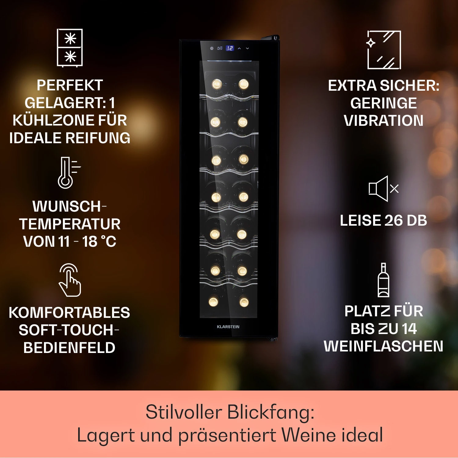 Barolo 14 Slim Uno Weinkühlschrank 46 Ltr 14 Flaschen 11-18°C SingleZone Barolo 14 Slim Uno Weinkühlschrank 46 Ltr 14 Flaschen 11-18°C SingleZone -Klarstein Verkaufs 10041206 de 0002 usp