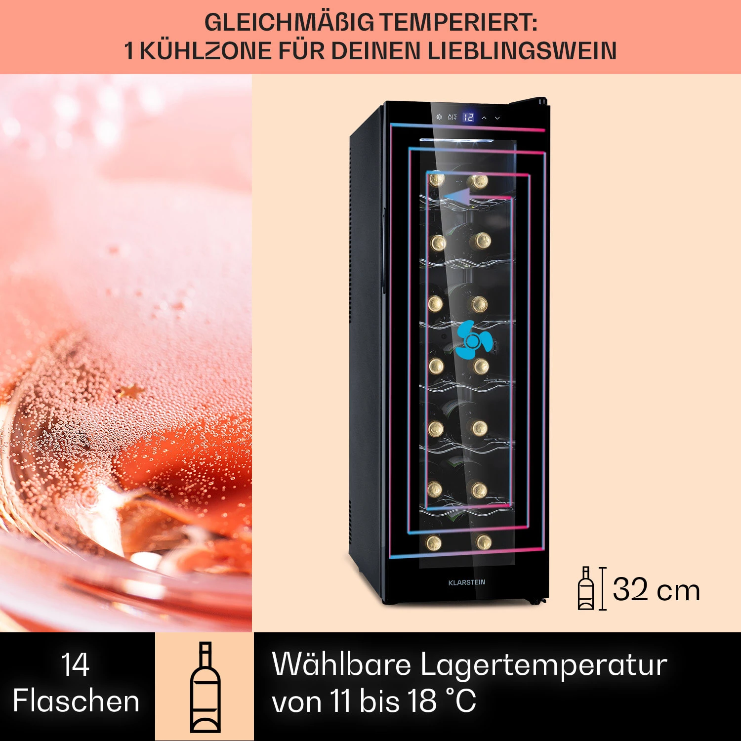 Barolo 14 Slim Uno Weinkühlschrank 46 Ltr 14 Flaschen 11-18°C SingleZone Barolo 14 Slim Uno Weinkühlschrank 46 Ltr 14 Flaschen 11-18°C SingleZone -Klarstein Verkaufs 10041206 de 0003 usp