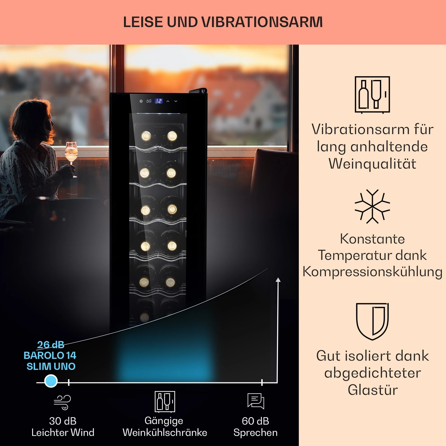 Barolo 14 Slim Uno Weinkühlschrank 46 Ltr 14 Flaschen 11-18°C SingleZone Barolo 14 Slim Uno Weinkühlschrank 46 Ltr 14 Flaschen 11-18°C SingleZone -Klarstein Verkaufs 10041206 de 0004 usp