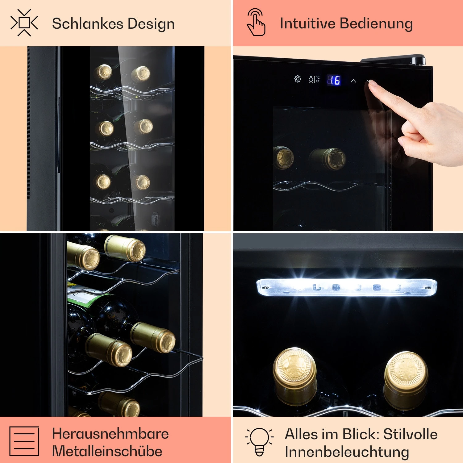 Barolo 14 Slim Uno Weinkühlschrank 46 Ltr 14 Flaschen 11-18°C SingleZone Barolo 14 Slim Uno Weinkühlschrank 46 Ltr 14 Flaschen 11-18°C SingleZone -Klarstein Verkaufs 10041206 de 0005 usp