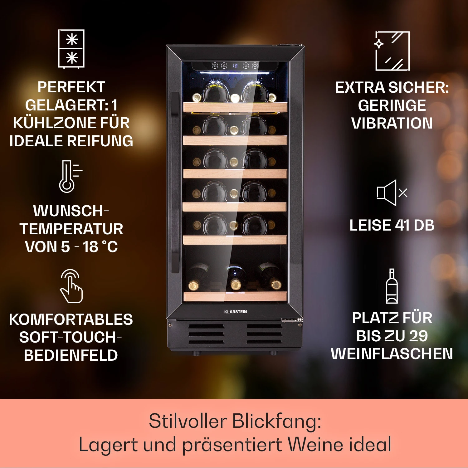 Vinovilla 29 Built-In Weinkühlschrank 81 l / 29 Fl. 1 Zone Glastür Edelstahl Vinovilla 29 Built-In Weinkühlschrank 81 L / 29 Fl. 1 Zone Glastür Edelstahl -Klarstein Verkaufs 10041309 de 0002 logo