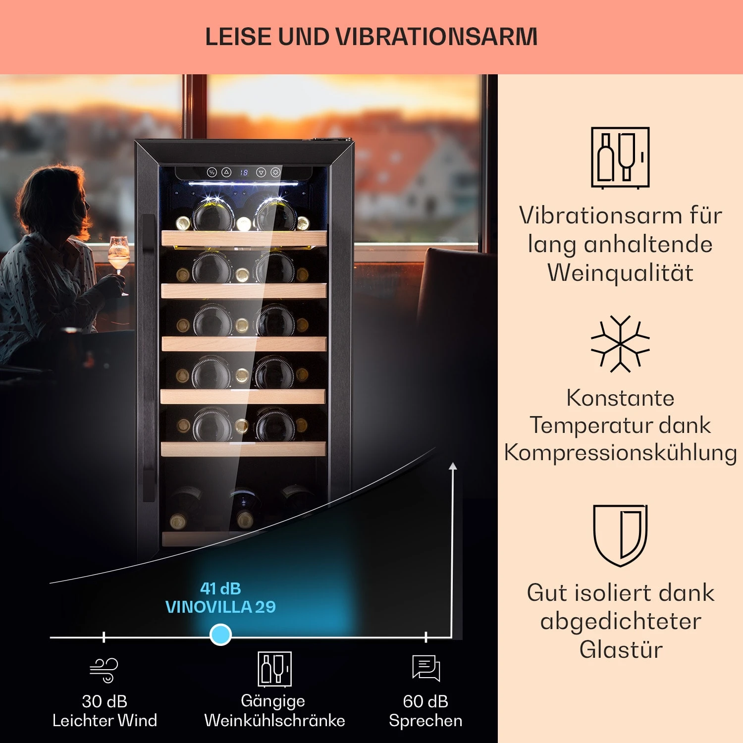 Vinovilla 29 Built-In Weinkühlschrank 81 l / 29 Fl. 1 Zone Glastür Edelstahl Vinovilla 29 Built-In Weinkühlschrank 81 L / 29 Fl. 1 Zone Glastür Edelstahl -Klarstein Verkaufs 10041309 de 0004 logo