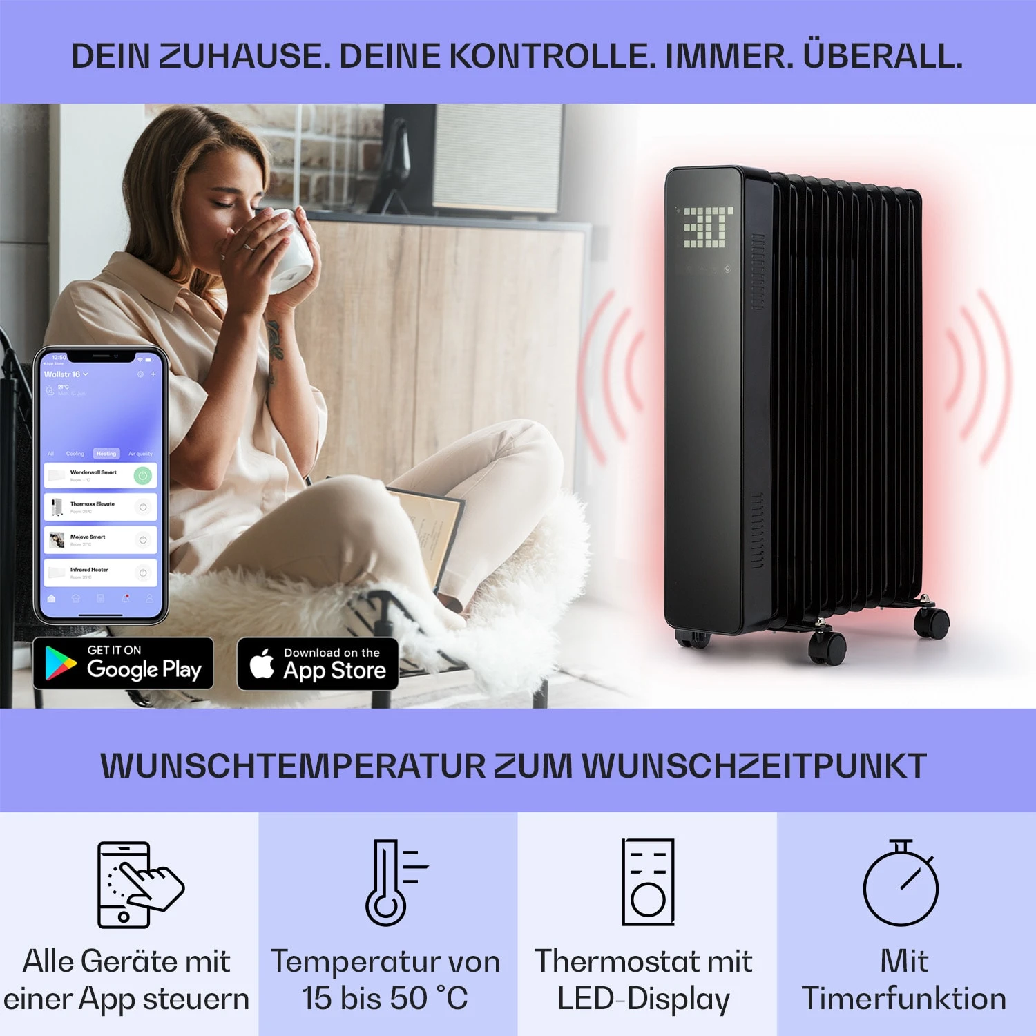 Sanford Smart Ölradiator 2500 W Leistung Wochentimer LED-Display Touch-Panel Klarstein-App Sanford Smart Ölradiator 2500 W Leistung Wochentimer LED-Display Touch-Panel Klarstein-App -Klarstein Verkaufs 10041358 de 0003 usp