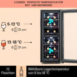 Shiraz 12 Duo Weinkühlschrank 2 Zonen 42L/12 Flaschen 5-12 / 12-18 °C Touch -Klarstein Verkaufs 10041361 de 0003 usp